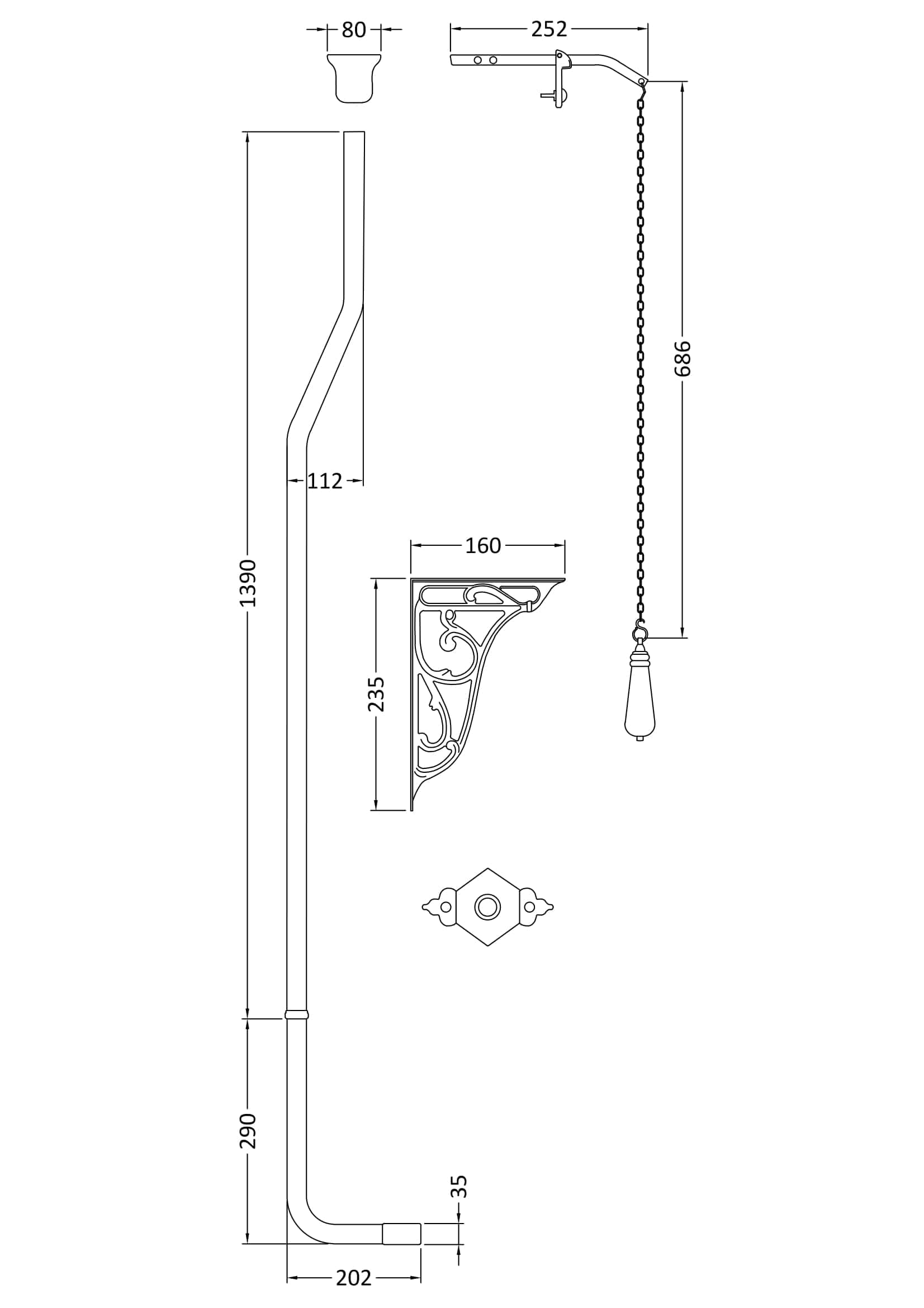 Adjustable shower rail with vintage-style bracket and flexible hose for classic bathroom decor. Suitable for shower installation, featuring detailed measurements for perfect fit.