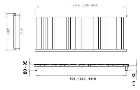 Reina Vasto Chrome Heated Towel Rail - technical drawing with dimensions