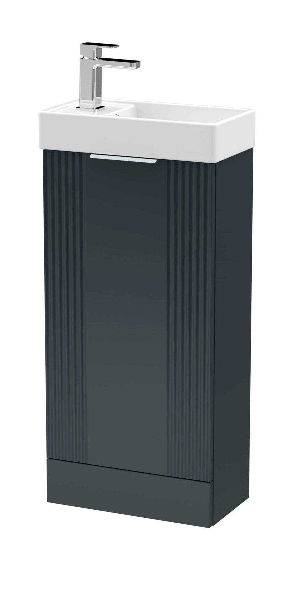 Modern bathroom pedestal sink with sleek black cabinet and white ceramic basin, ideal for contemporary bathroom designs.