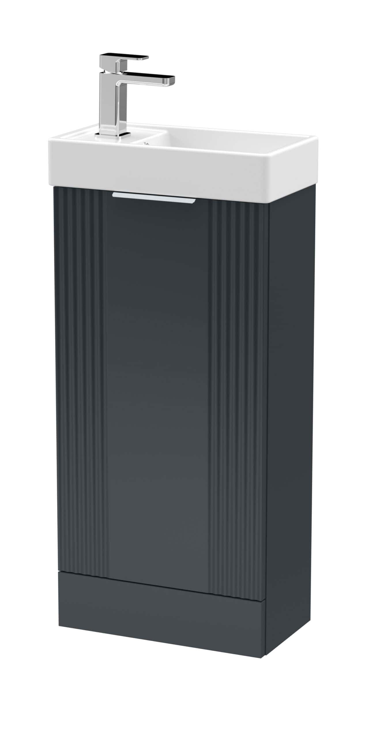 Modern bathroom pedestal sink with sleek black cabinet and white ceramic basin, ideal for contemporary bathroom designs.