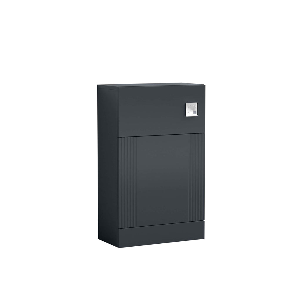 Contemporary dark grey bathroom cabinet with a sleek design, featuring a square chrome handle and ribbed detailing on the lower section, suitable for modern bathroom interiors.