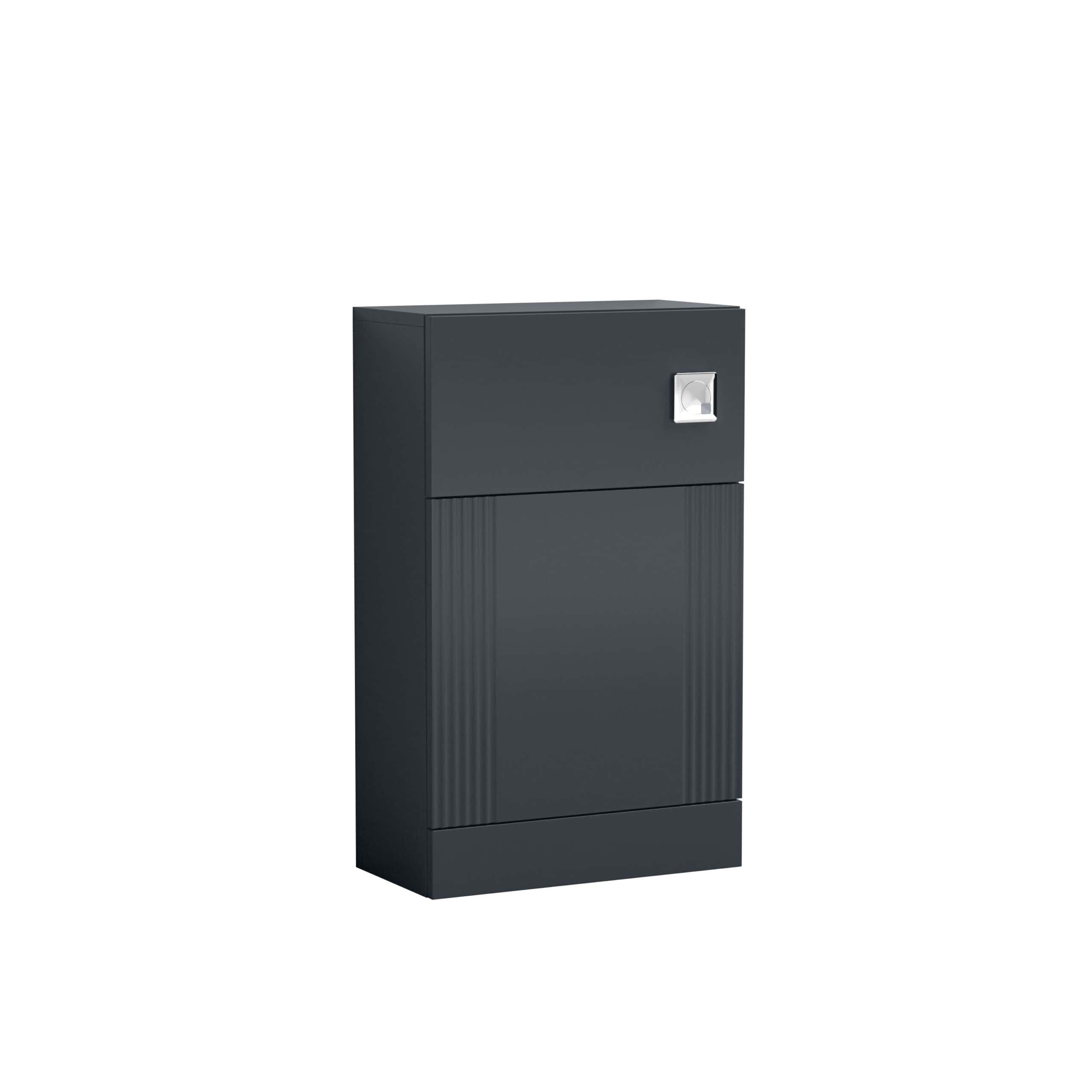 Contemporary dark grey bathroom cabinet with a sleek design, featuring a square chrome handle and ribbed detailing on the lower section, suitable for modern bathroom interiors.