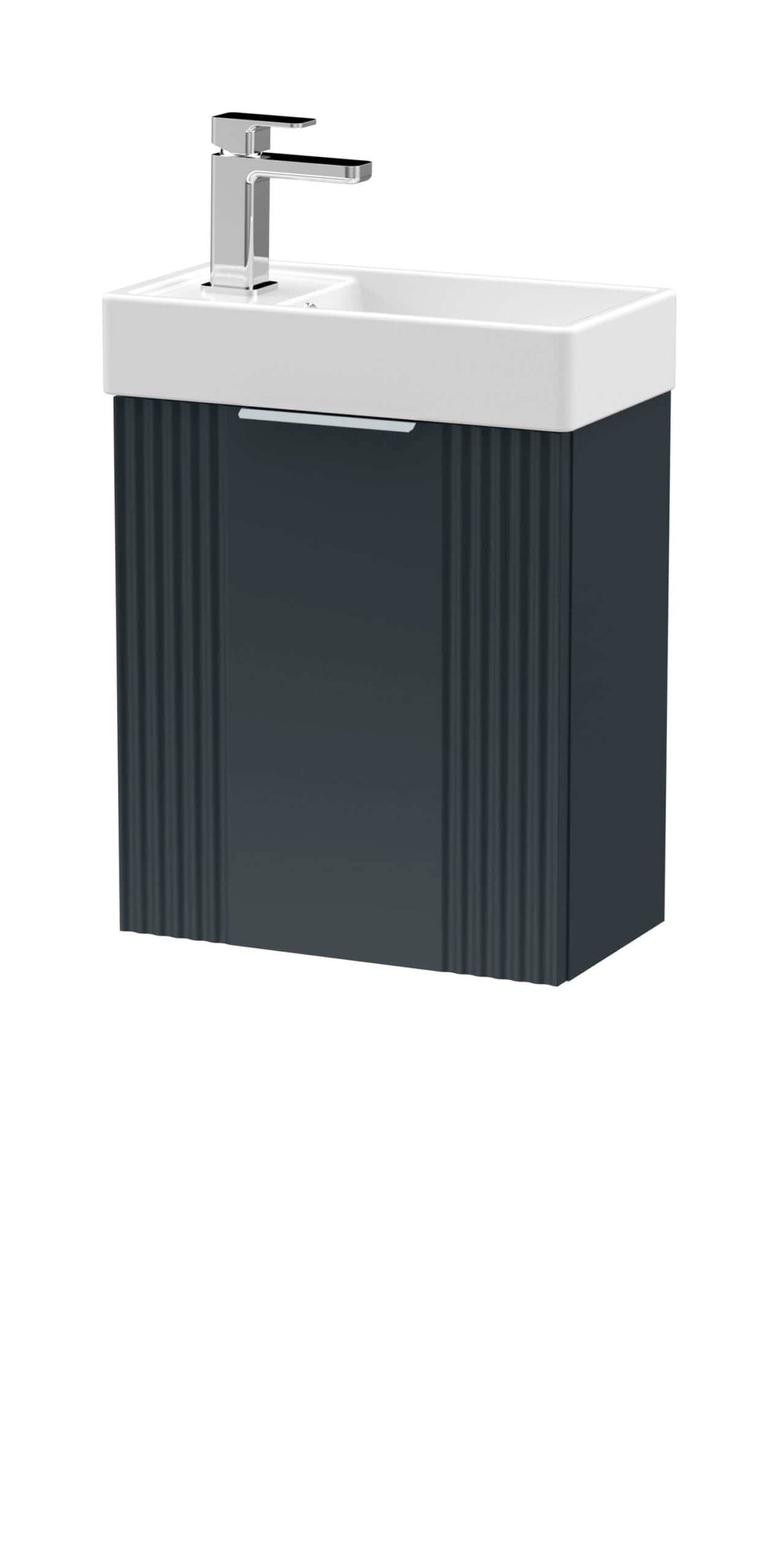 Sleek bathroom sink with black vanity unit and modern chrome tap, ideal for contemporary bathroom designs.