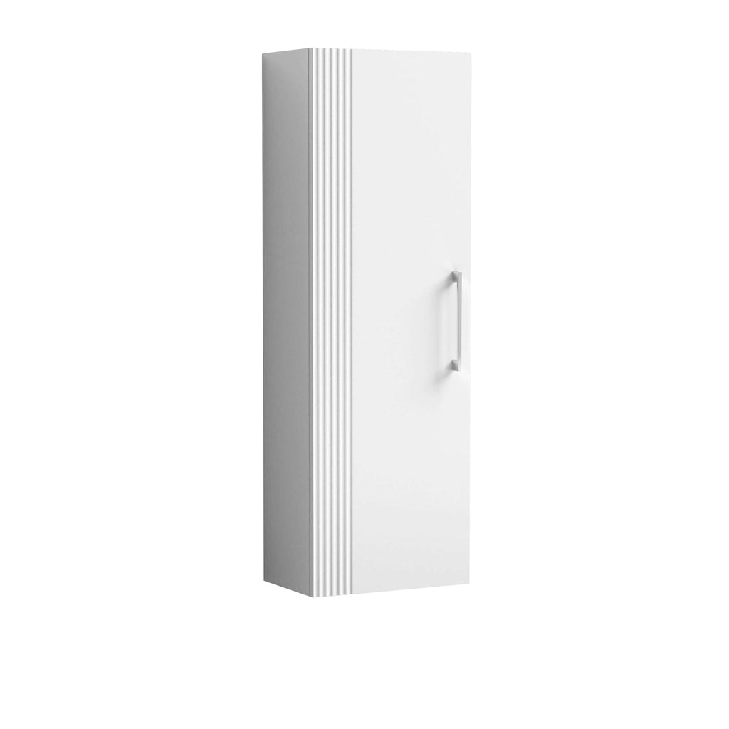 Sleek white bathroom storage cabinet with a minimalist design, featuring vertical ribbed detailing on one side and a modern handle for easy access. Ideal for contemporary bathroom organisation.
