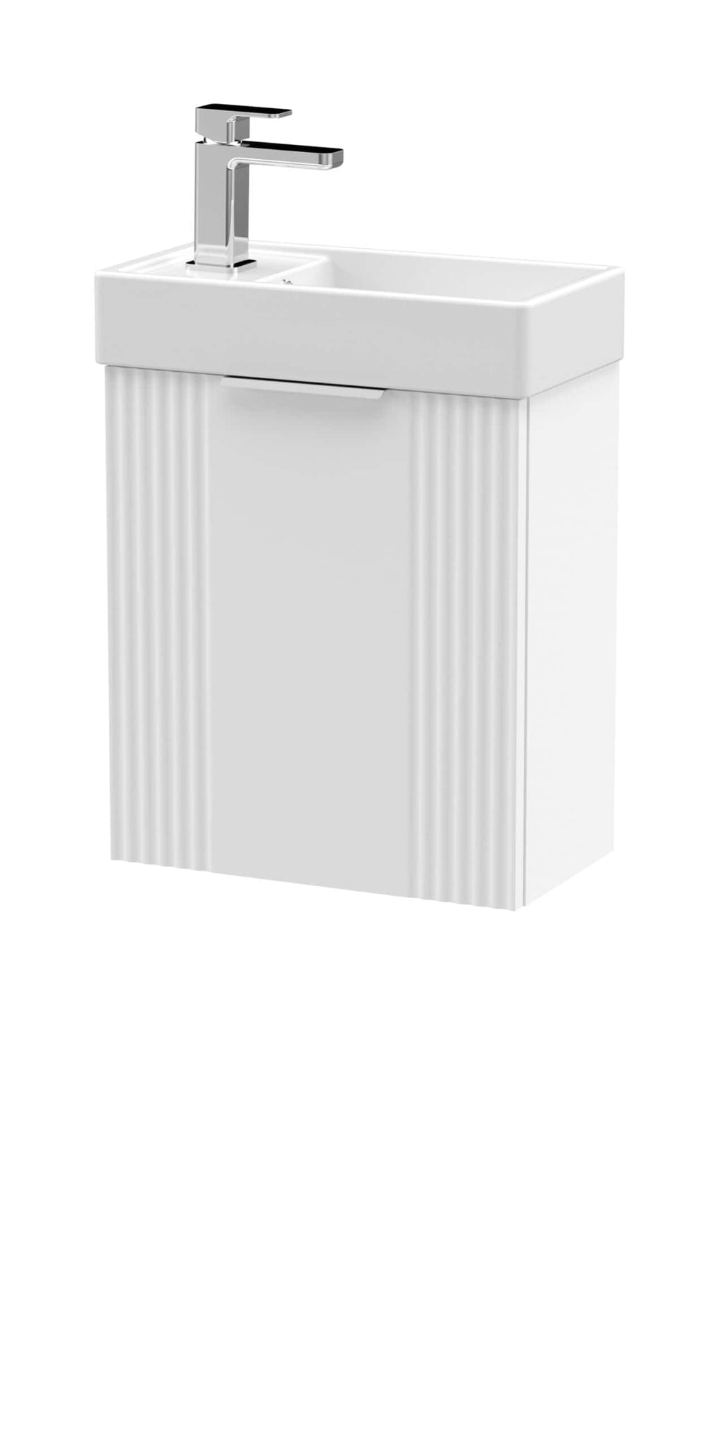 Modern white bathroom sink with a sleek chrome faucet and a compact cabinet base, perfect for contemporary bathroom designs and space-saving solutions.