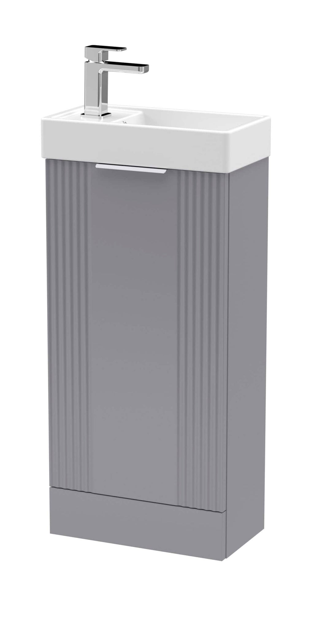 Contemporary bathroom vanity unit with integrated sink and chrome-finish tap, ideal for modern bathroom decor and space-saving solutions. Perfect for hygiene and style.