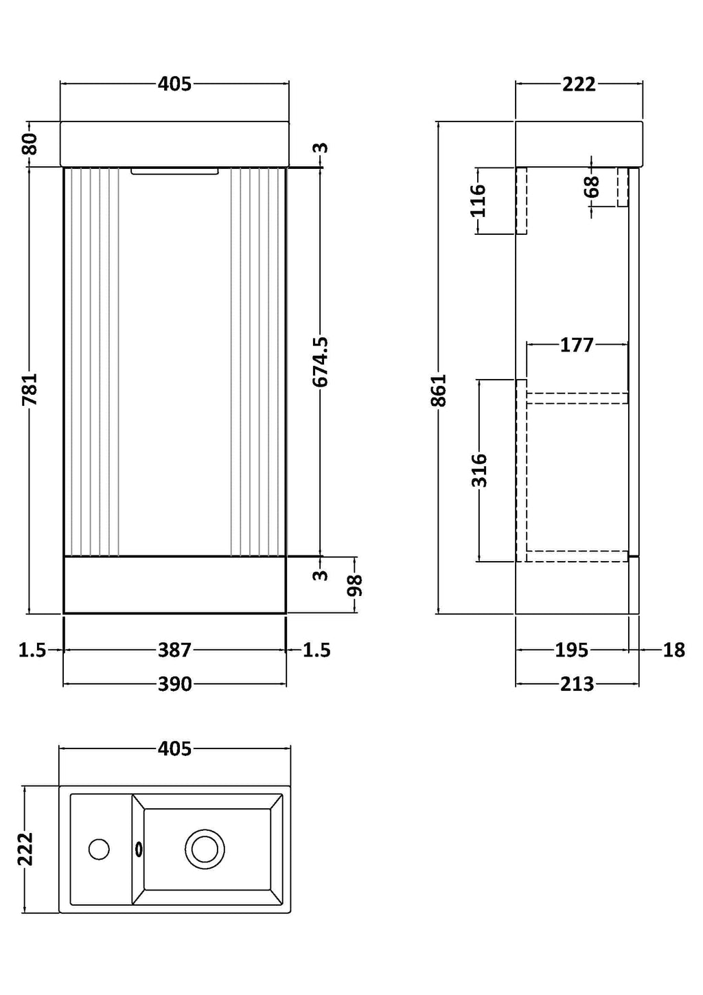 Sleek modern bathroom sink with detailed technical measurements, ideal for custom bathroom designs and renovations. Perfect for plumbing and fixture planning in contemporary bathrooms.