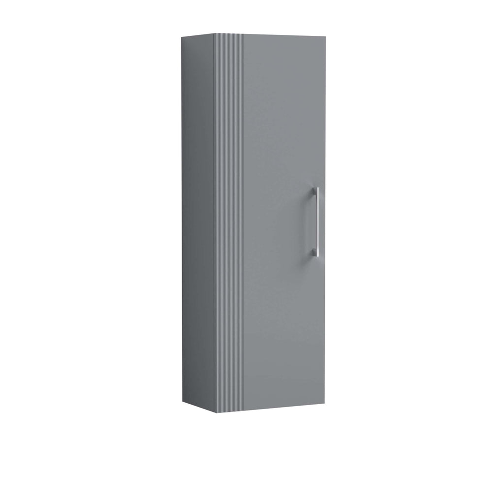 Sleek grey bathroom storage cabinet with vertical ridges and modern handle, designed for durable and stylish bathroom organisation.