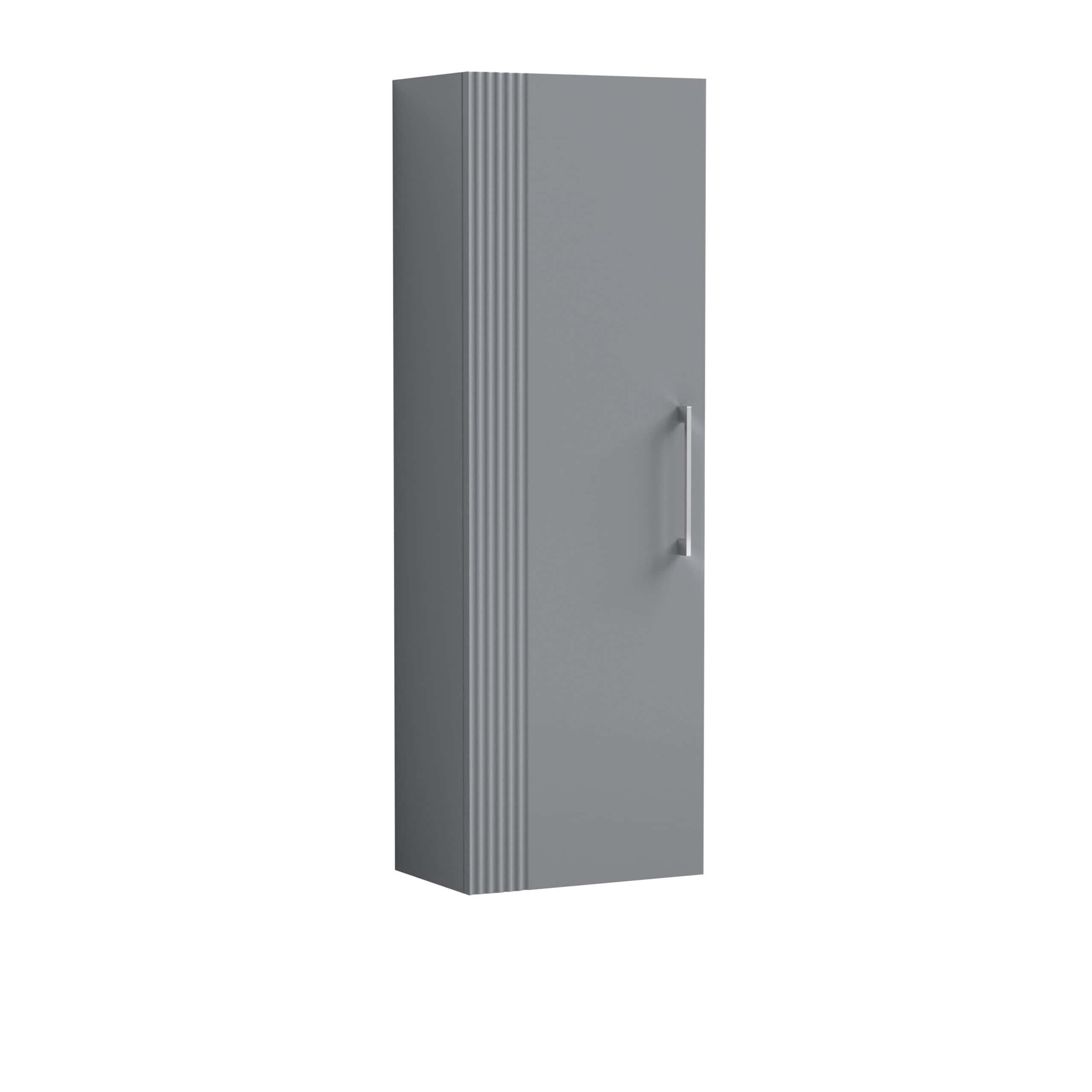 Sleek grey bathroom storage cabinet with vertical ridges and modern handle, designed for durable and stylish bathroom organisation.