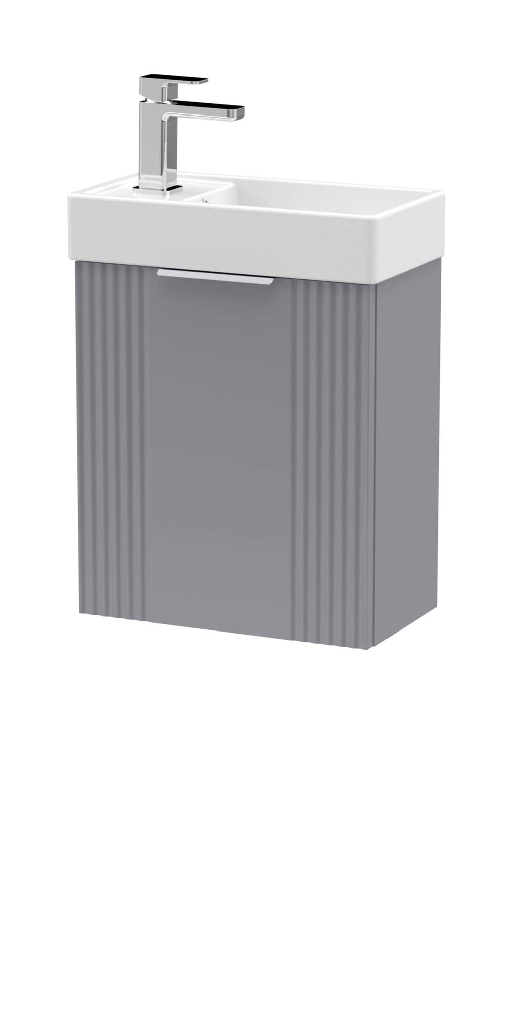 Modern bathroom vanity with a sleek grey ribbed cabinet and integrated sink with chrome faucet.