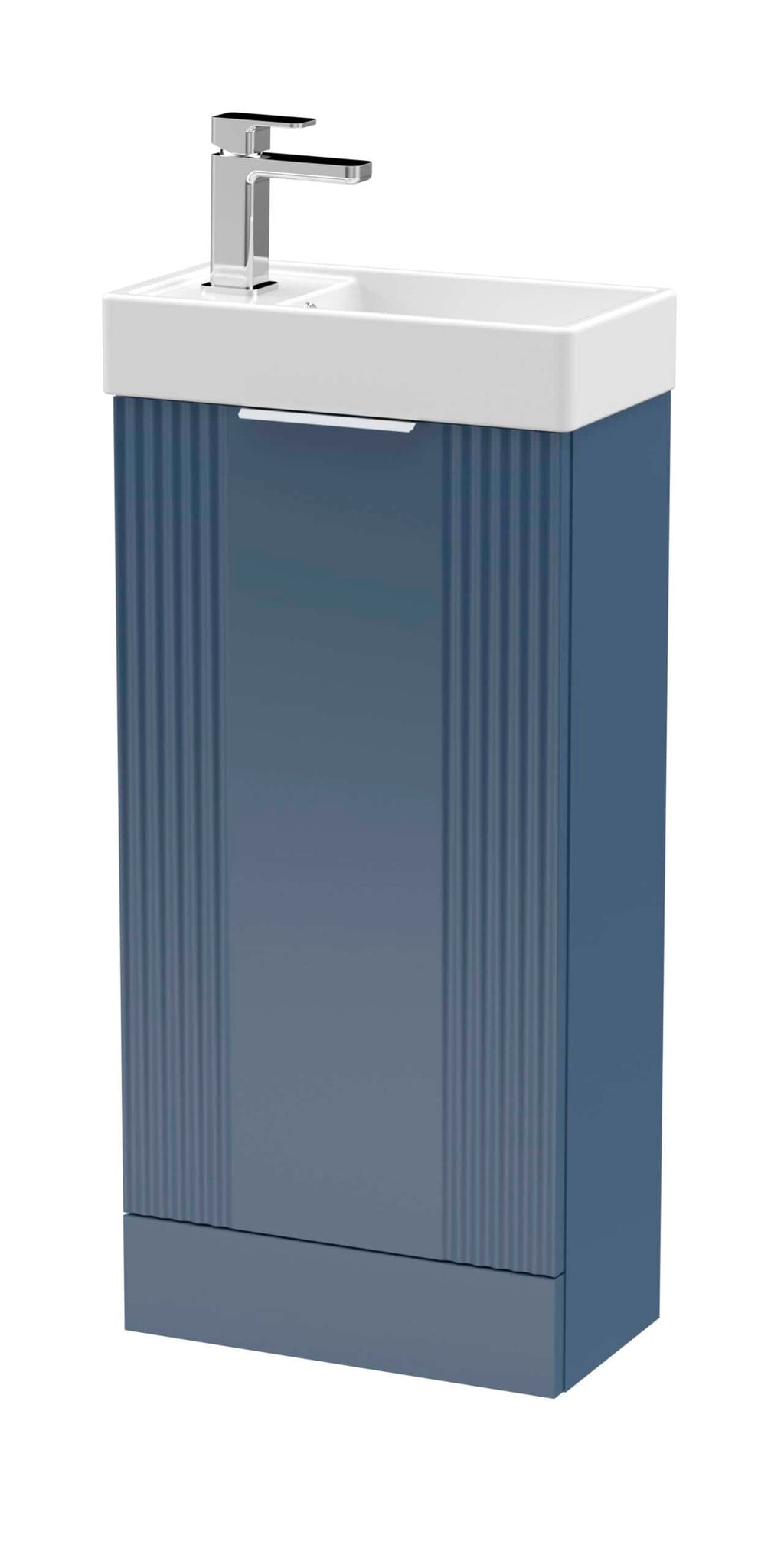 Modern bathroom vanity with integrated sink and stylish blue cabinet, ideal for bathroom renovations and contemporary interiors. Durable, functional design with chrome tap.