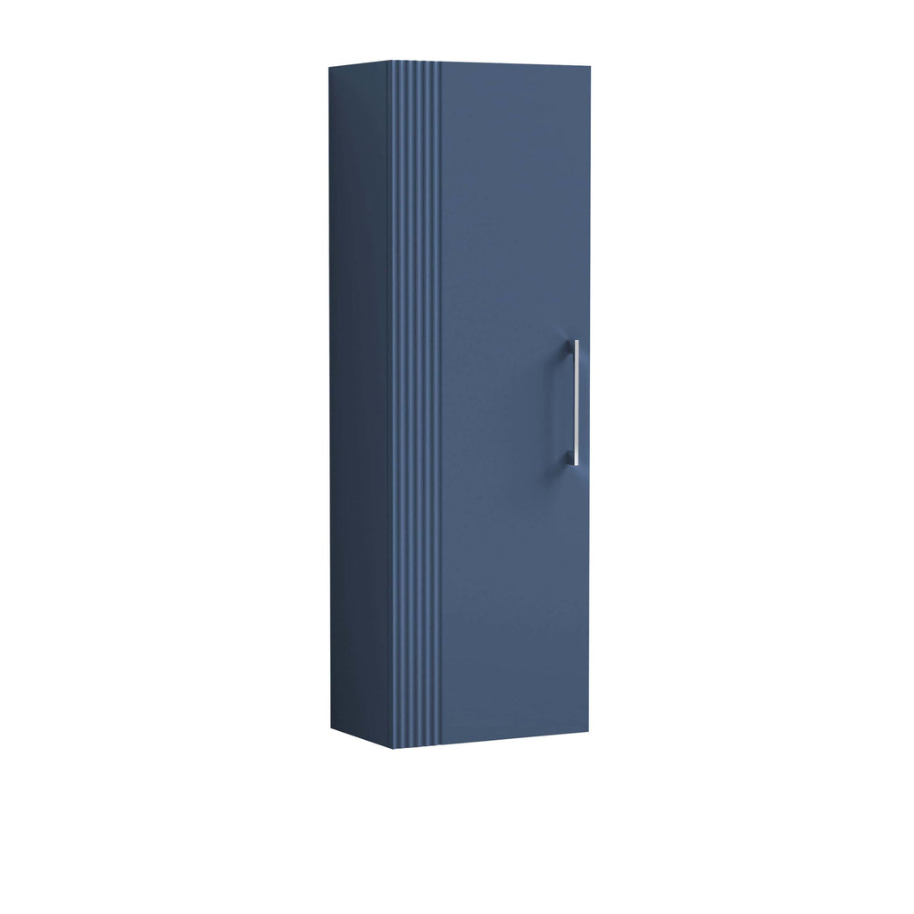 Sleek navy blue bathroom storage cabinet with vertical ribbed detail and modern chrome handle, ideal for organising bathroom essentials in stylish spaces.