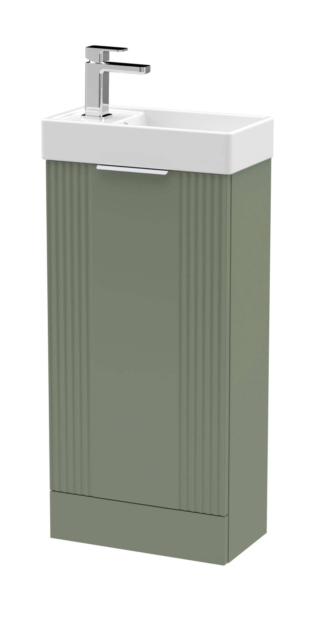 Modern bathroom vanity with a white ceramic sink and sleek chrome faucet, set against a stylish green cabinet with vertical ribbed detailing for contemporary bathroom design.