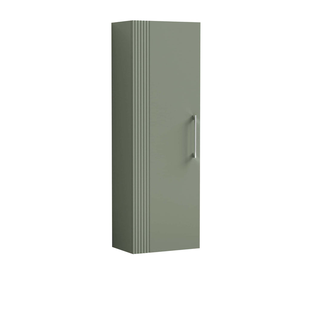 Sleek green bathroom cabinet with vertical ribbed detailing and modern silver handle, perfect for stylish bathroom storage and organisation.