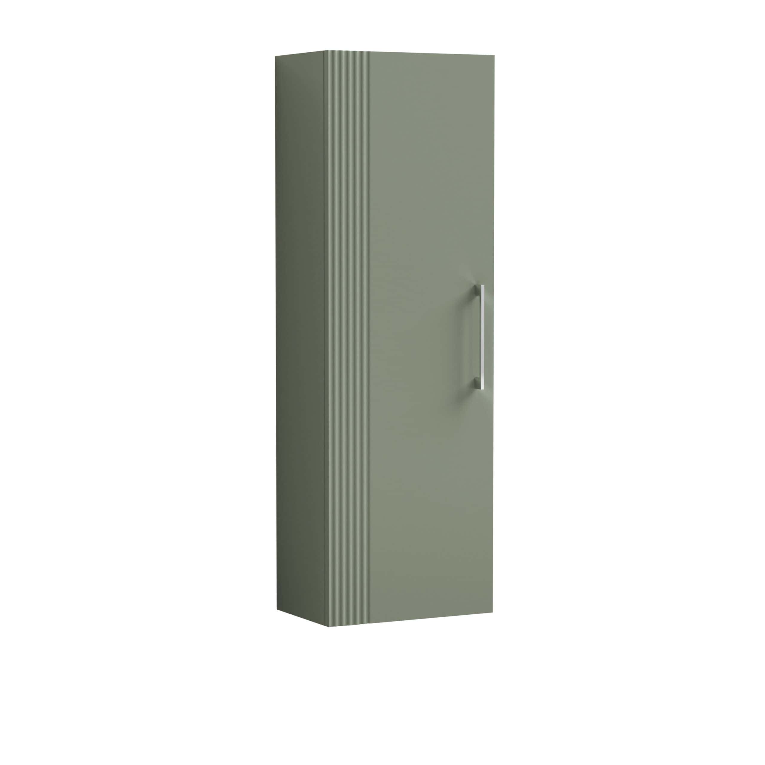 Sleek green bathroom cabinet with vertical ribbed detailing and modern silver handle, perfect for stylish bathroom storage and organisation.