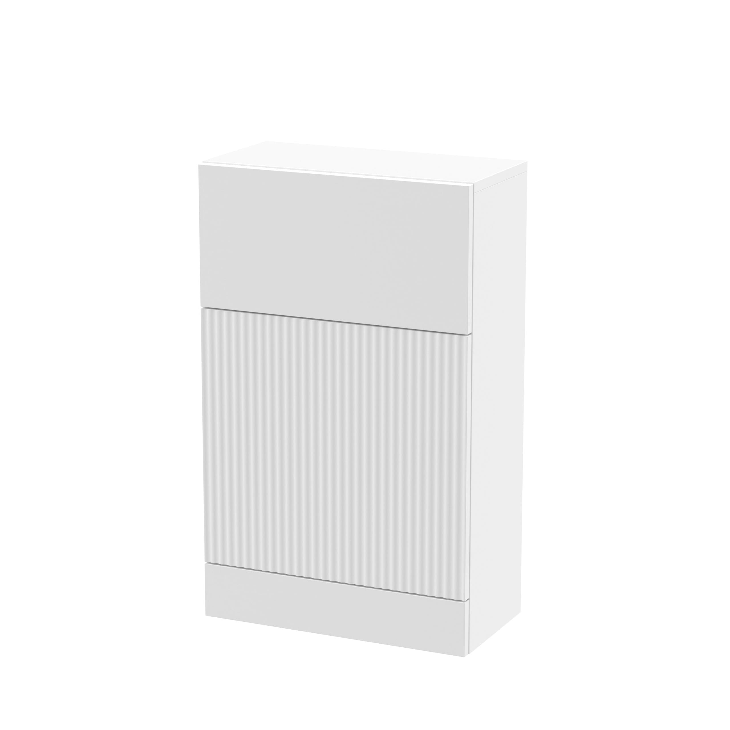 Minimalist white bathroom storage cabinet with ribbed detailing, ideal for modern bathrooms, offering practical organisation and sleek design.