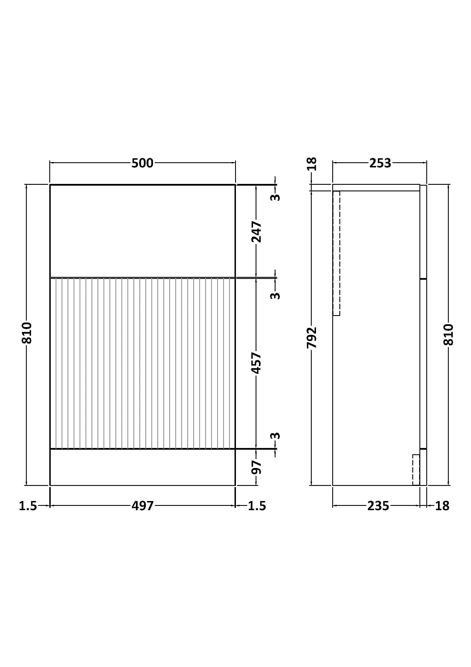 Elegant modern bathroom vanity unit with detailed technical drawing, measuring 810mm in height, 497mm wide, and 235mm deep, ideal for sleek bathroom renovations.