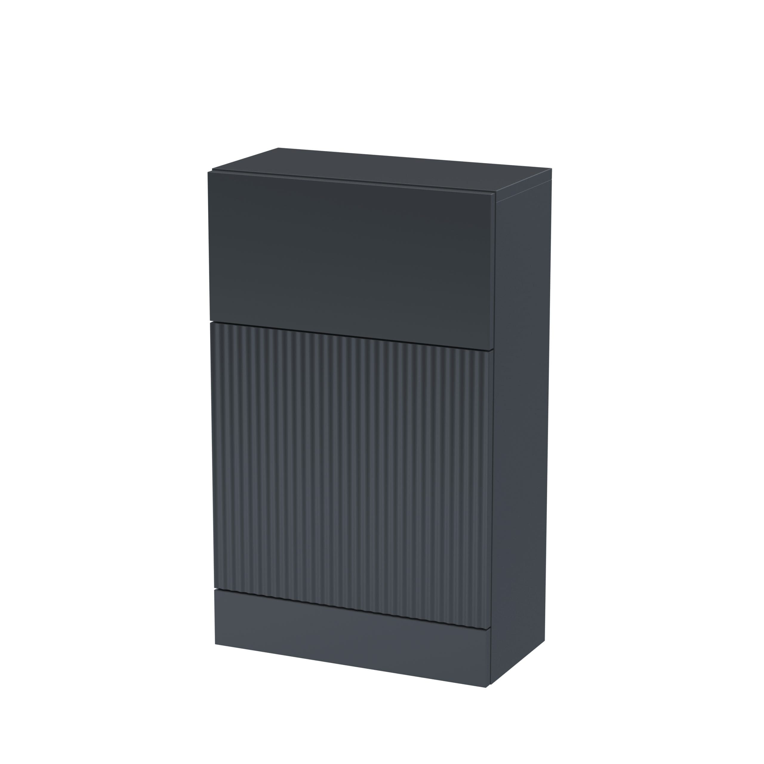 Sleek black bathroom storage cabinet with ribbed door design, ideal for modern bathrooms. Space-saving unit offering ample storage for toiletries and bathroom essentials.