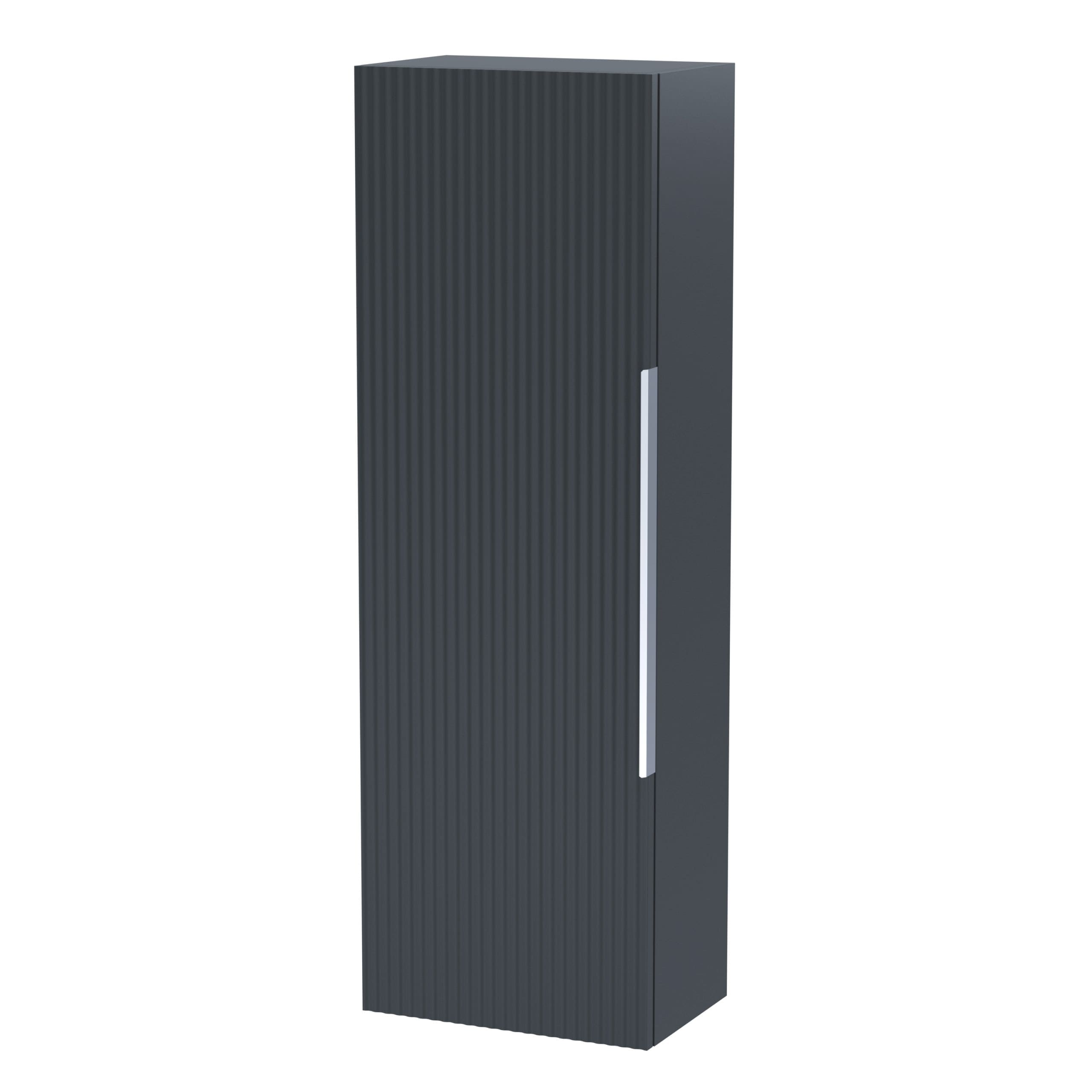 Sleek black bathroom storage cabinet with vertical ribbed design and modern handle for contemporary bathrooms.
