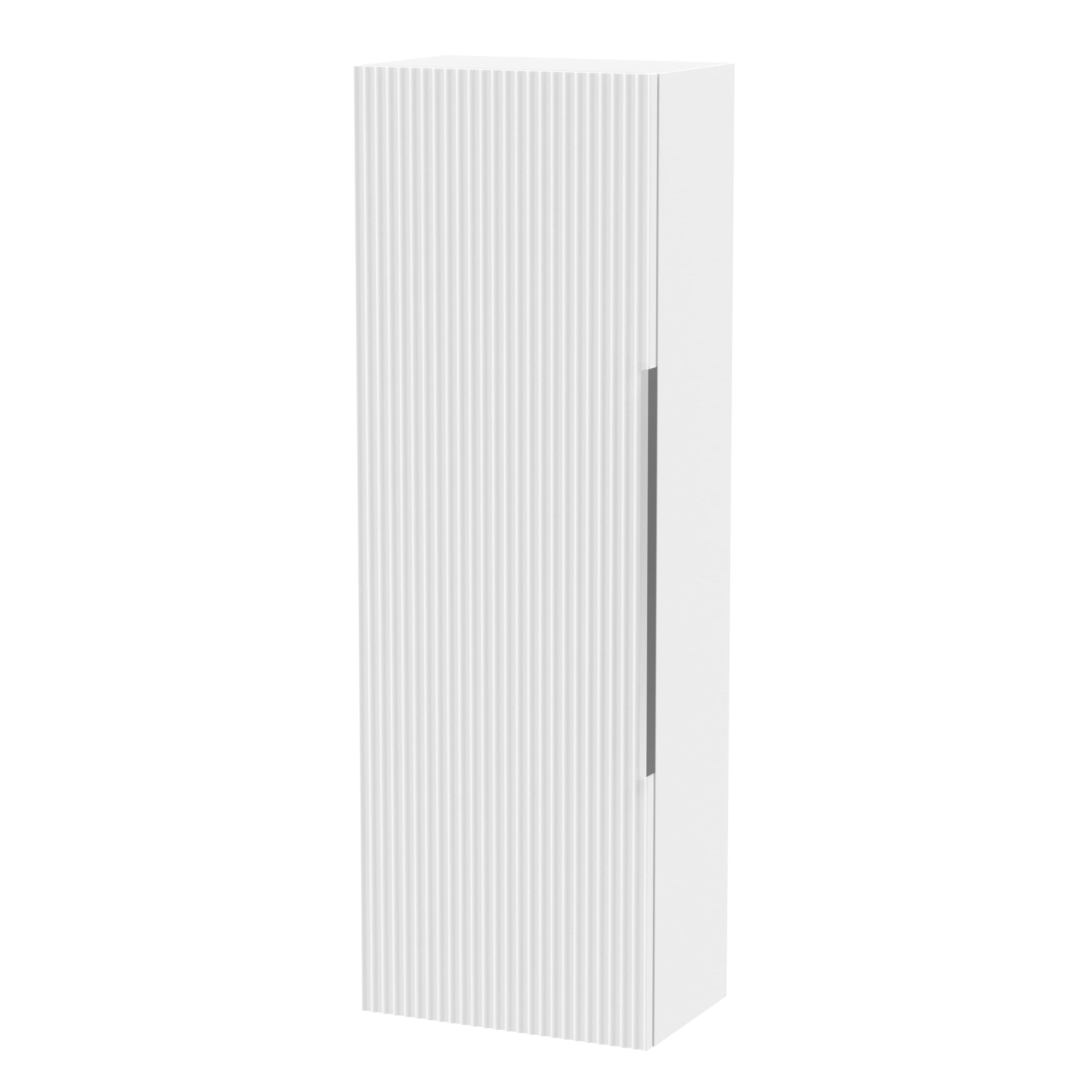 Sliding white bathroom storage cabinet with textured ribbed finish.