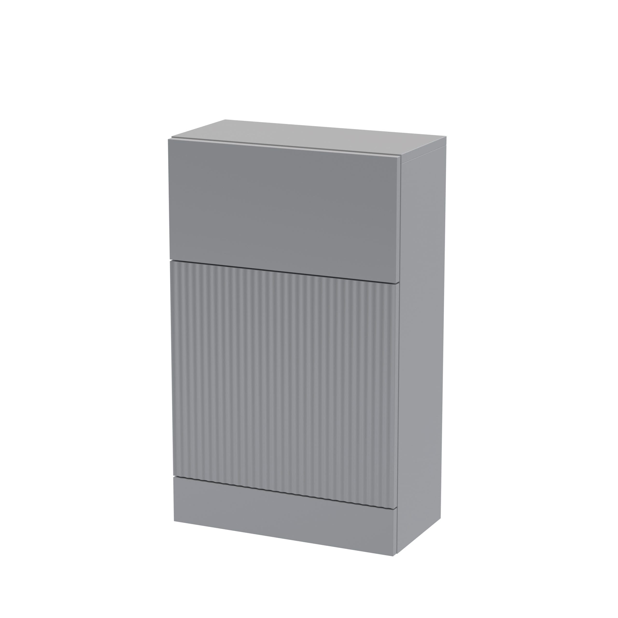 Industrial grey bathroom storage cabinet with textured ribbed front panel and sleek, modern design. Perfect for bathroom organisation and stylish storage solutions.