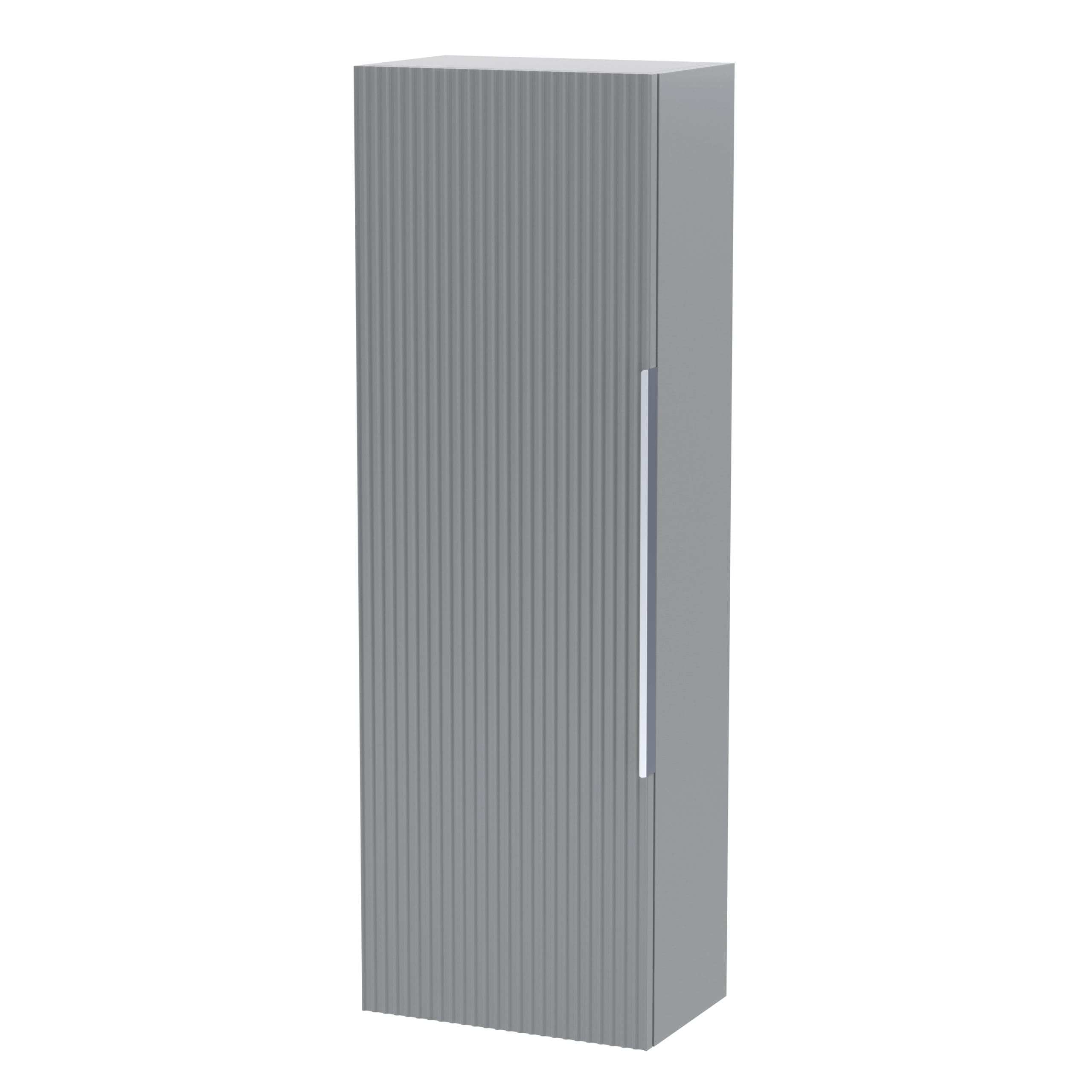 Sleek grey bathroom storage cabinet with ribbed door design and modern handle, ideal for organising bathroom essentials.