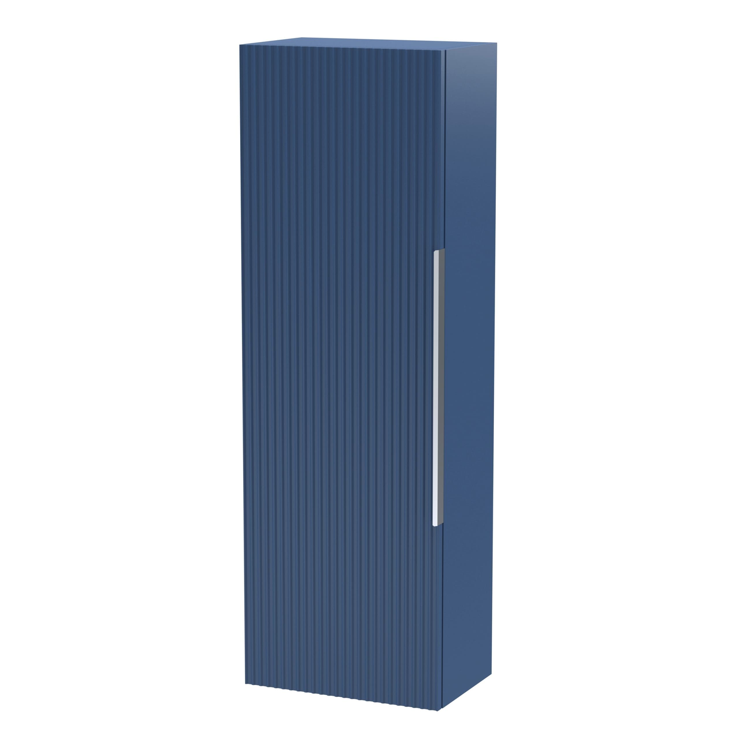 Sleek blue bathroom storage cabinet with ribbed finish, modern design, and vertical handle for efficient organisation. Perfect for contemporary bathrooms.