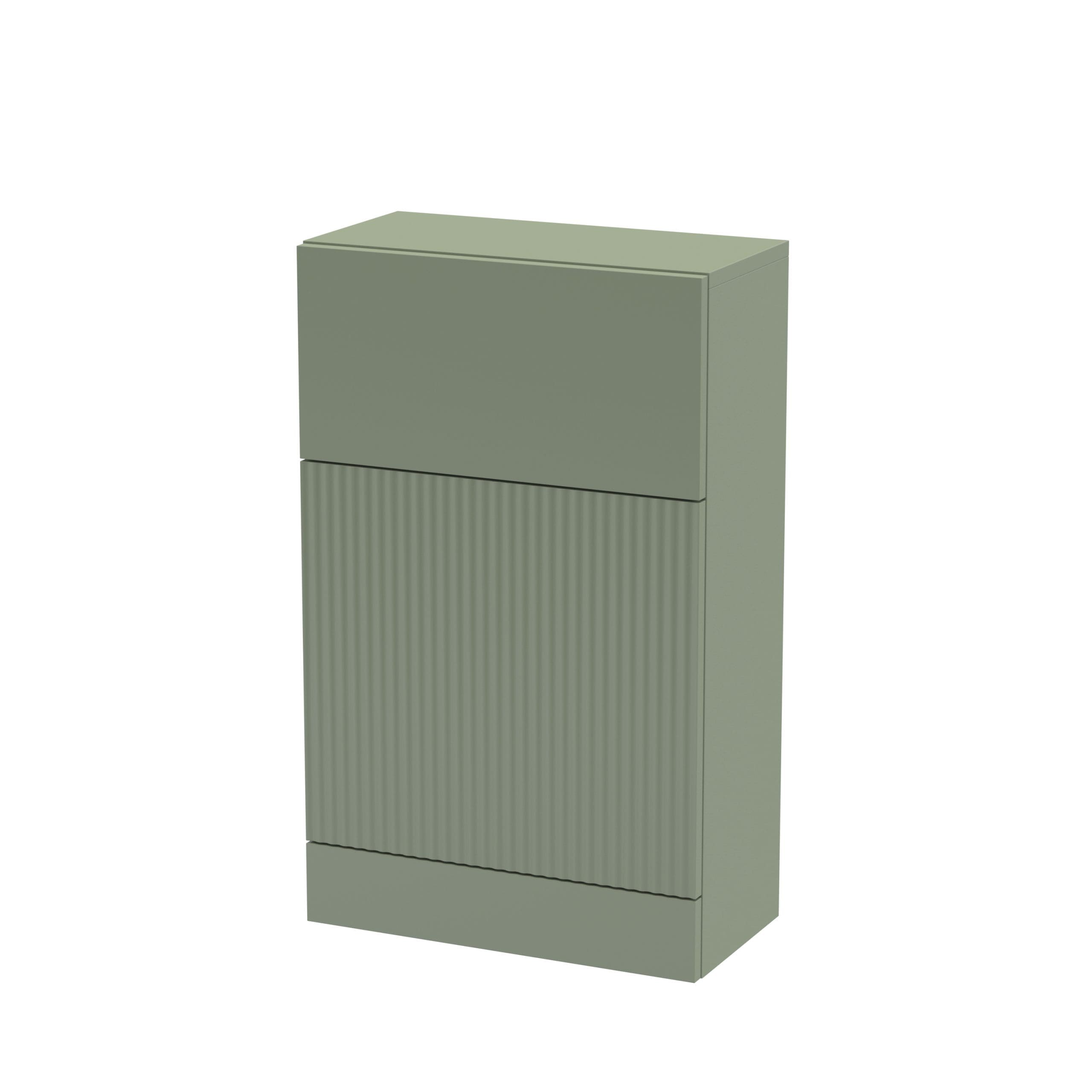Slim bathroom storage cabinet in sage green.
