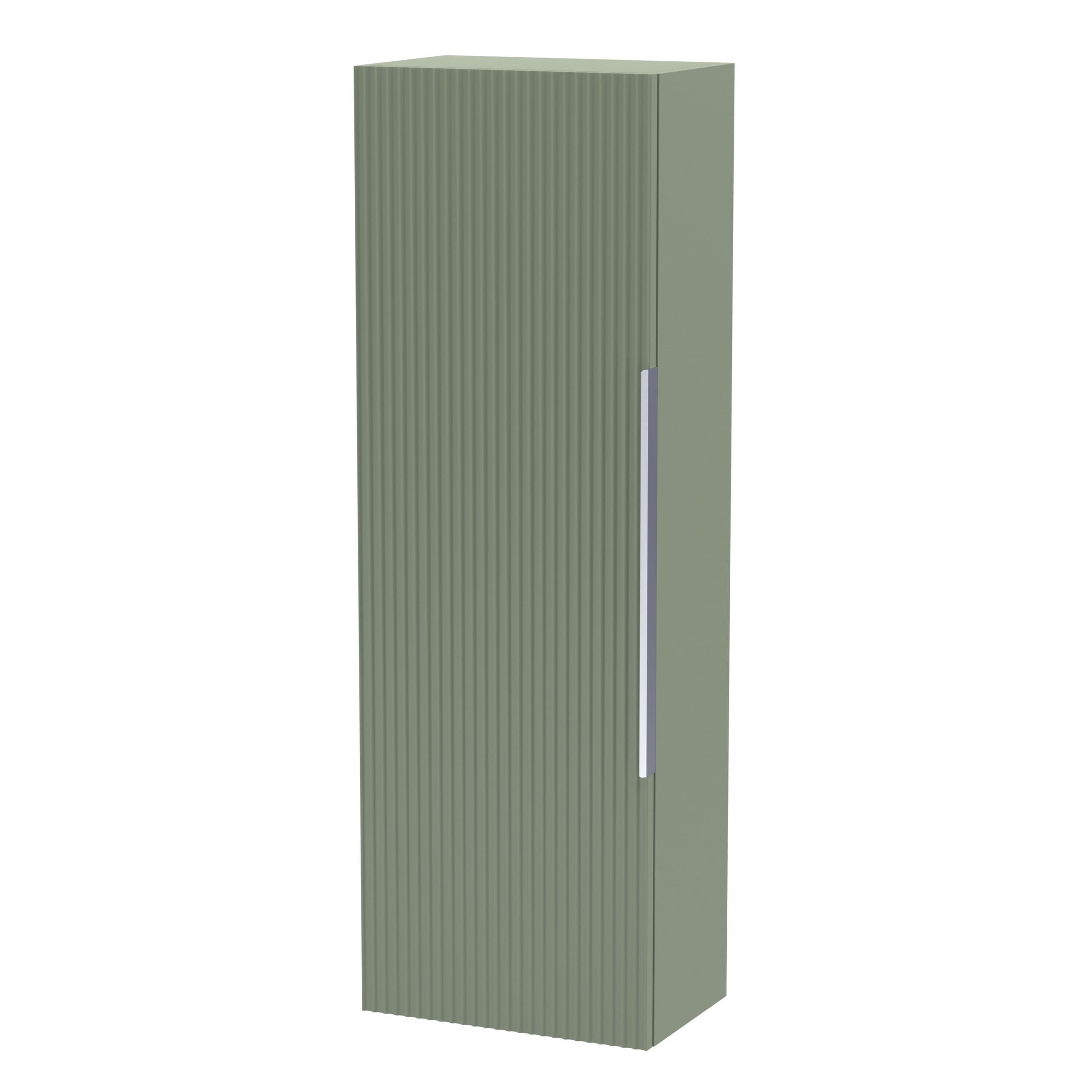 Sage green bathroom storage cabinet with ribbed door design, ideal for modern bathroom organisation and space-saving solutions.