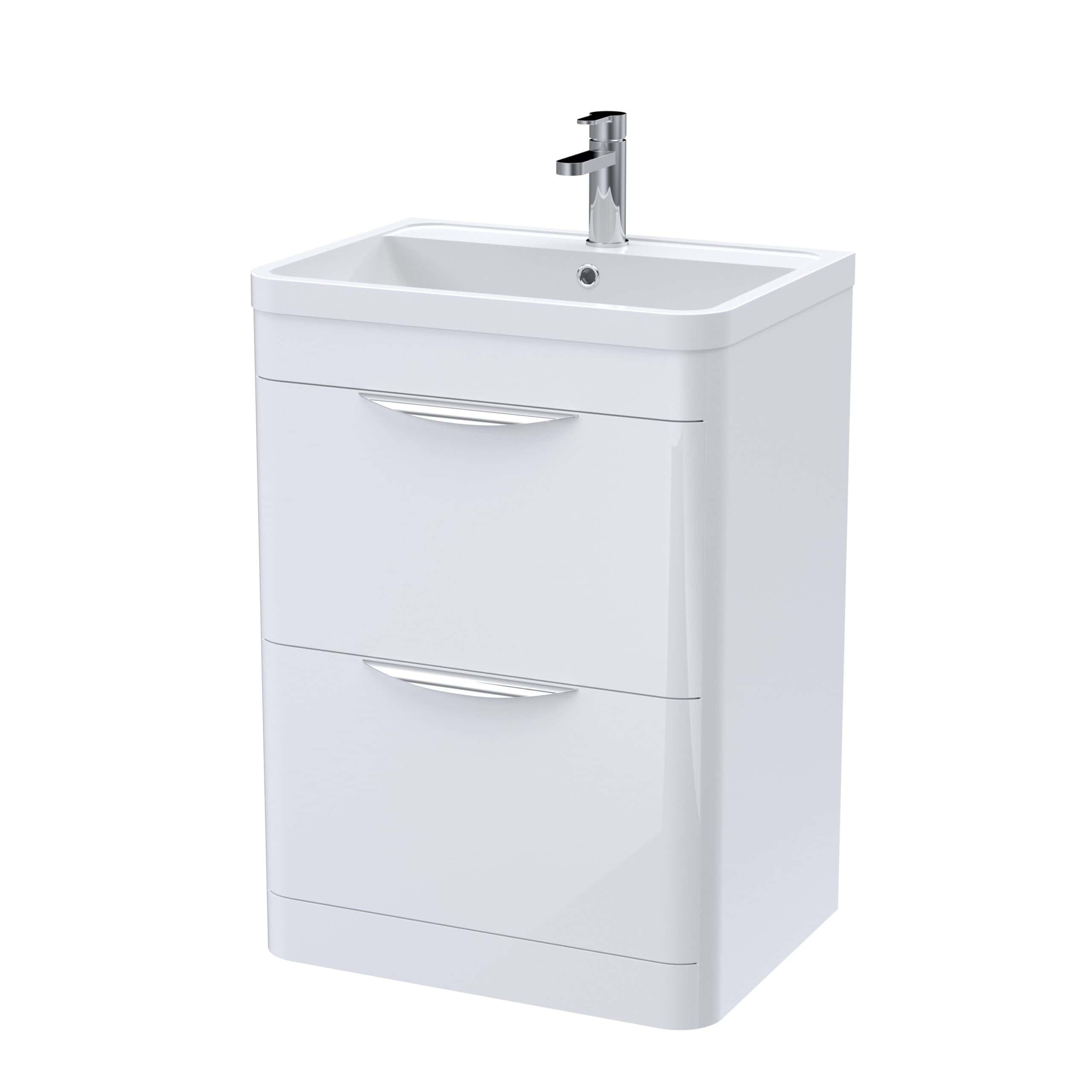 Shower sink cabinet with integrated basin and modern chrome tap, ideal for stylish bathroom storage solutions.