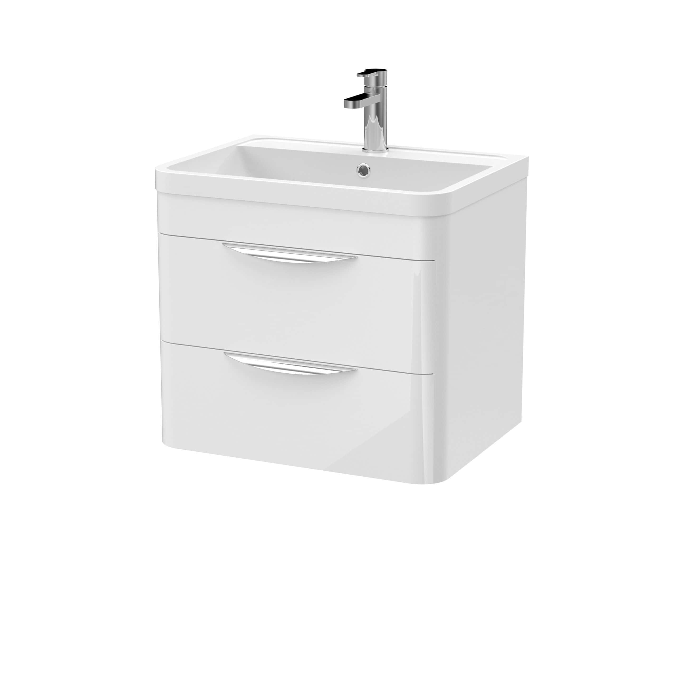 Sleek white bathroom vanity with integrated sink and modern chrome faucet, perfect for contemporary bathroom decor. Features two functional drawers for efficient storage solutions.