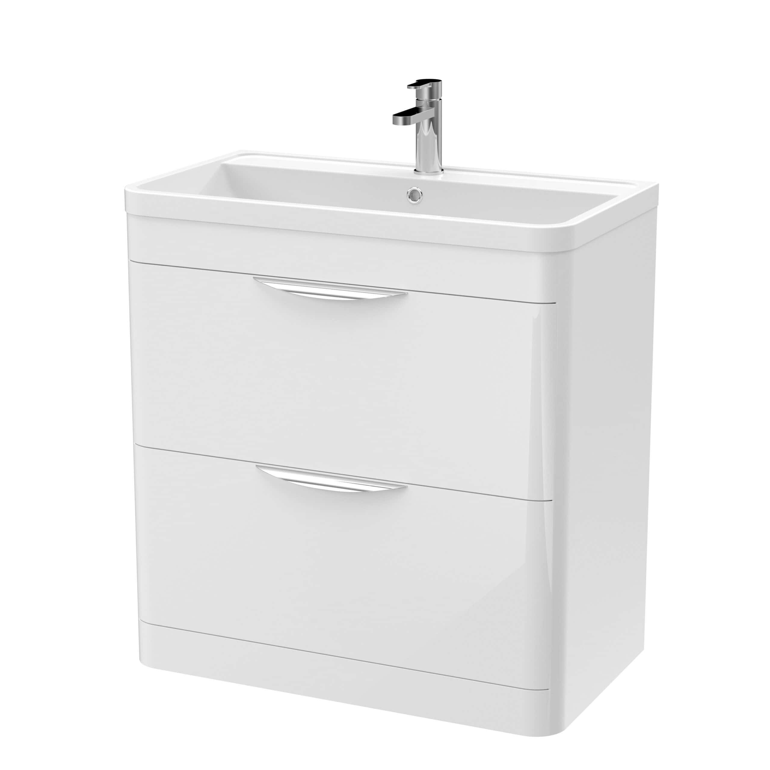 White bathroom vanity with integrated sink and chrome faucet, modern design, ideal for contemporary bathrooms, provides storage and functional style.