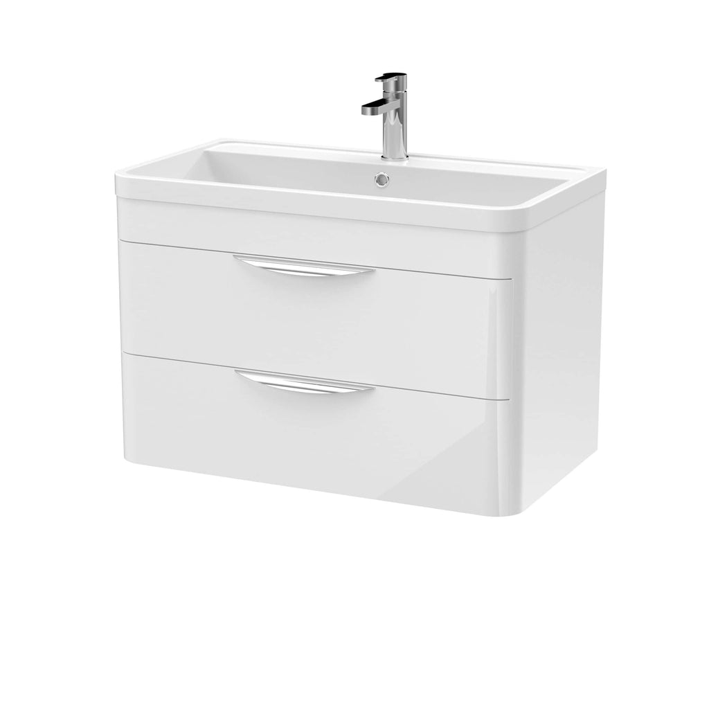 Modern white bathroom vanity with integrated sink and chrome handles, ideal for contemporary bathroom upgrades.