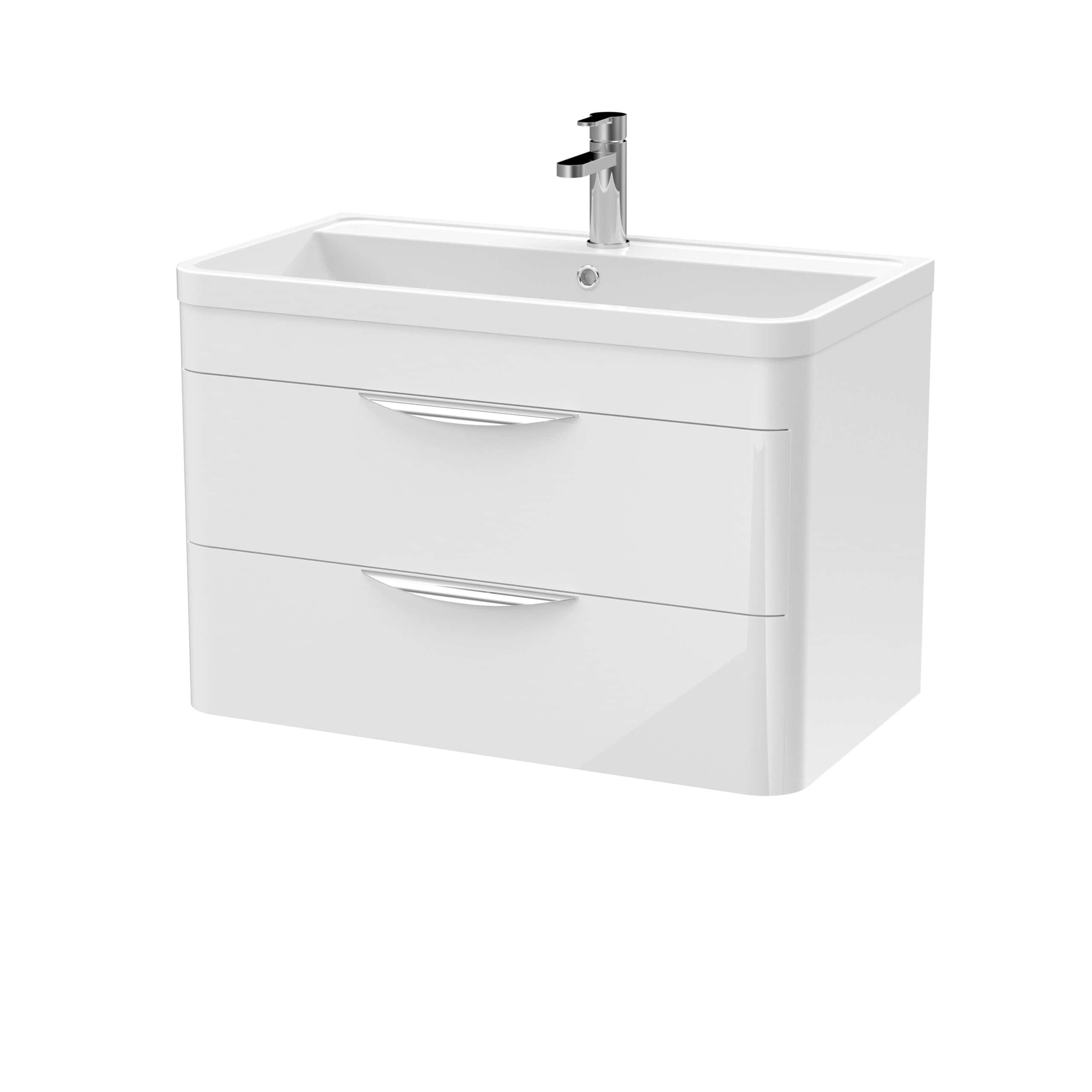 Modern white bathroom vanity with integrated sink and chrome handles, ideal for contemporary bathroom upgrades.