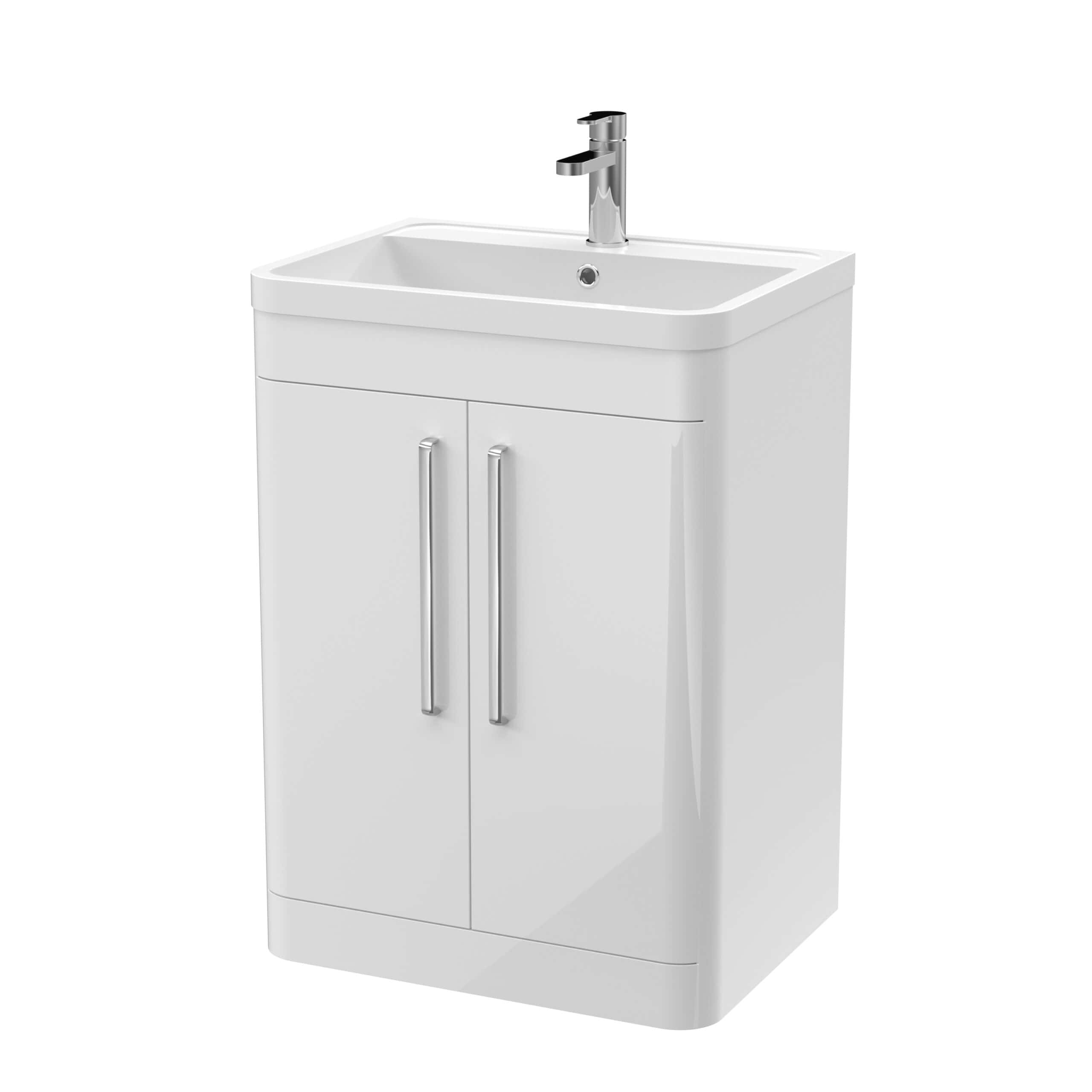 White bathroom sink cabinet with a modern chrome tap, ideal for contemporary bathroom designs, providing stylish and functional storage solutions. Perfect for enhancing bathroom interiors.