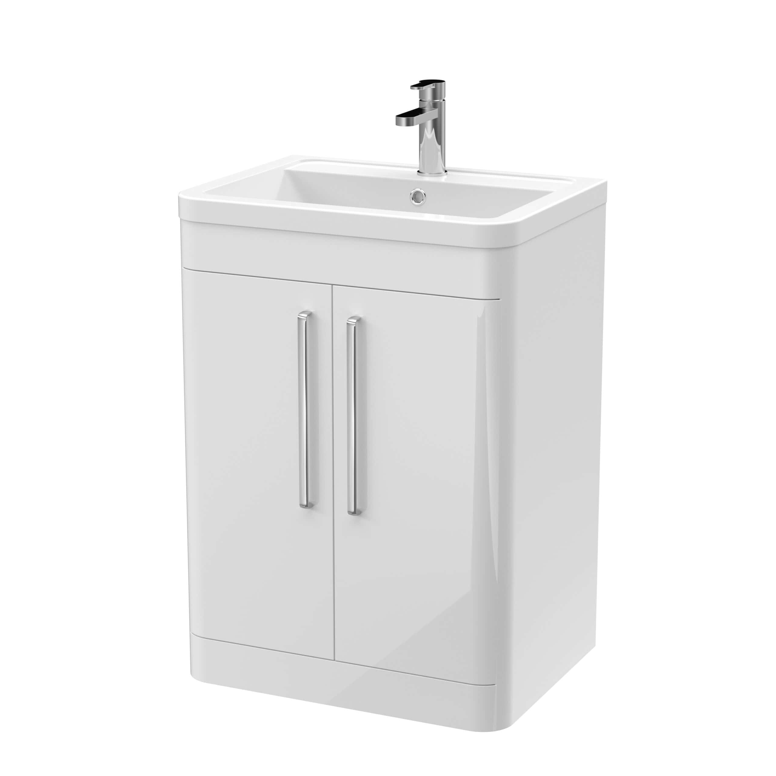 Sleek white bathroom vanity with integrated sink and chrome tap, perfect for modern bathroom renovations and storage solutions. Durable design with double-door cabinet for accessible bathroom organisation.