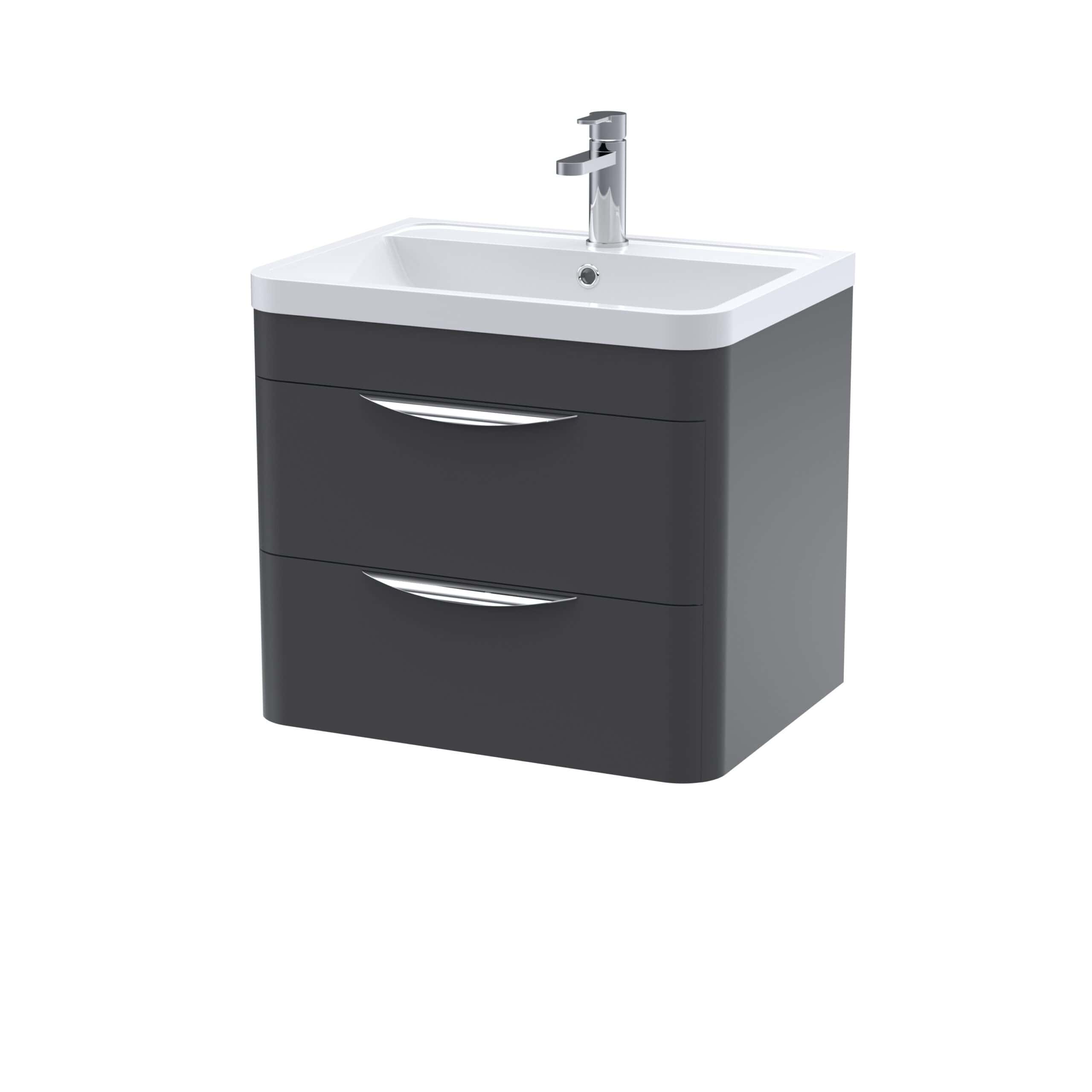 Modern bathroom vanity unit with integrated sink and sleek dark grey finish, ideal for contemporary bathroom designs. Perfect storage solution with two spacious drawers.