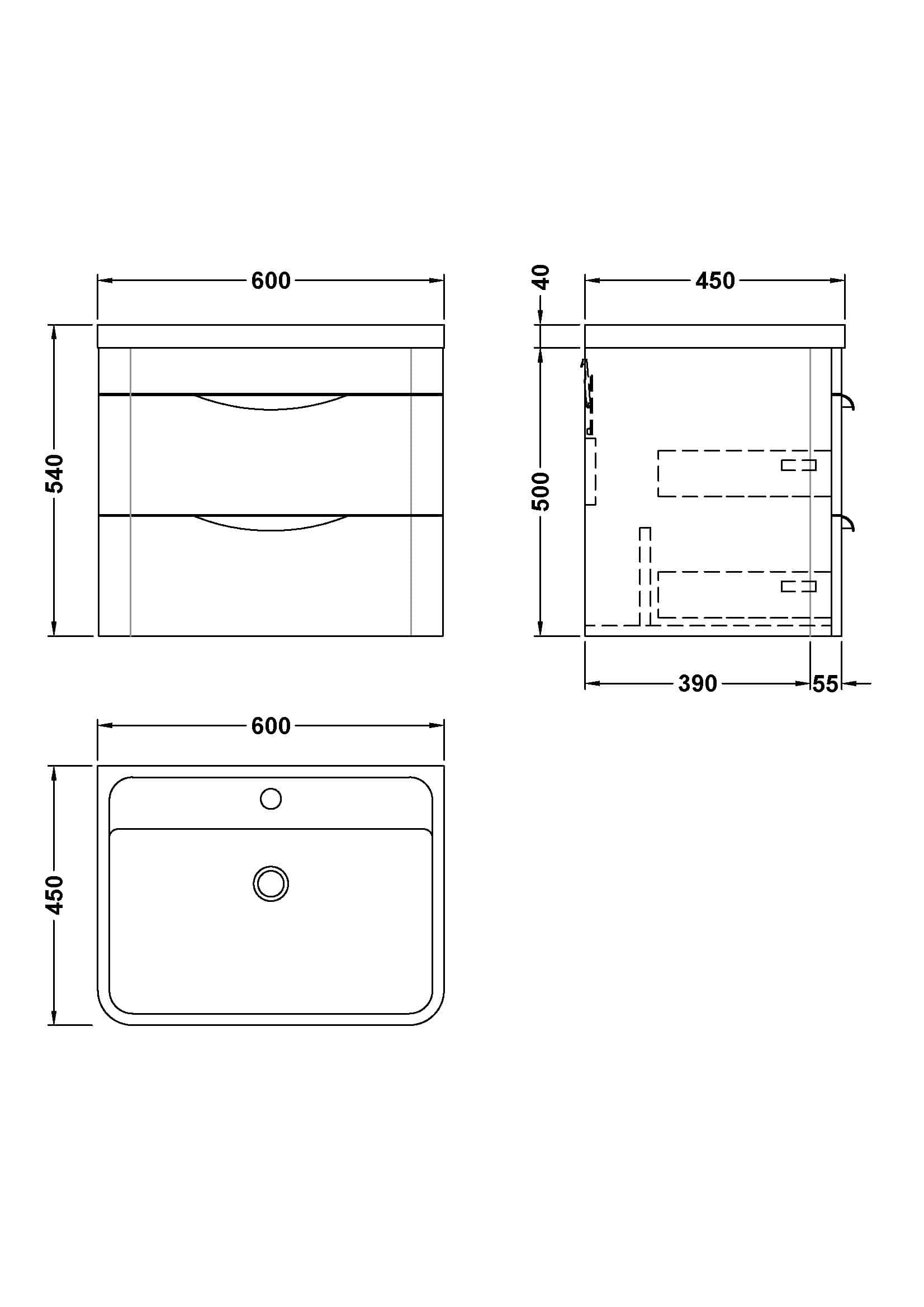 Modern bathroom vanity unit with drawers, detailed technical drawing, and measurements for fitting Bubly Bathrooms cabinetry. Ideal for stylish and functional bathroom storage solutions.