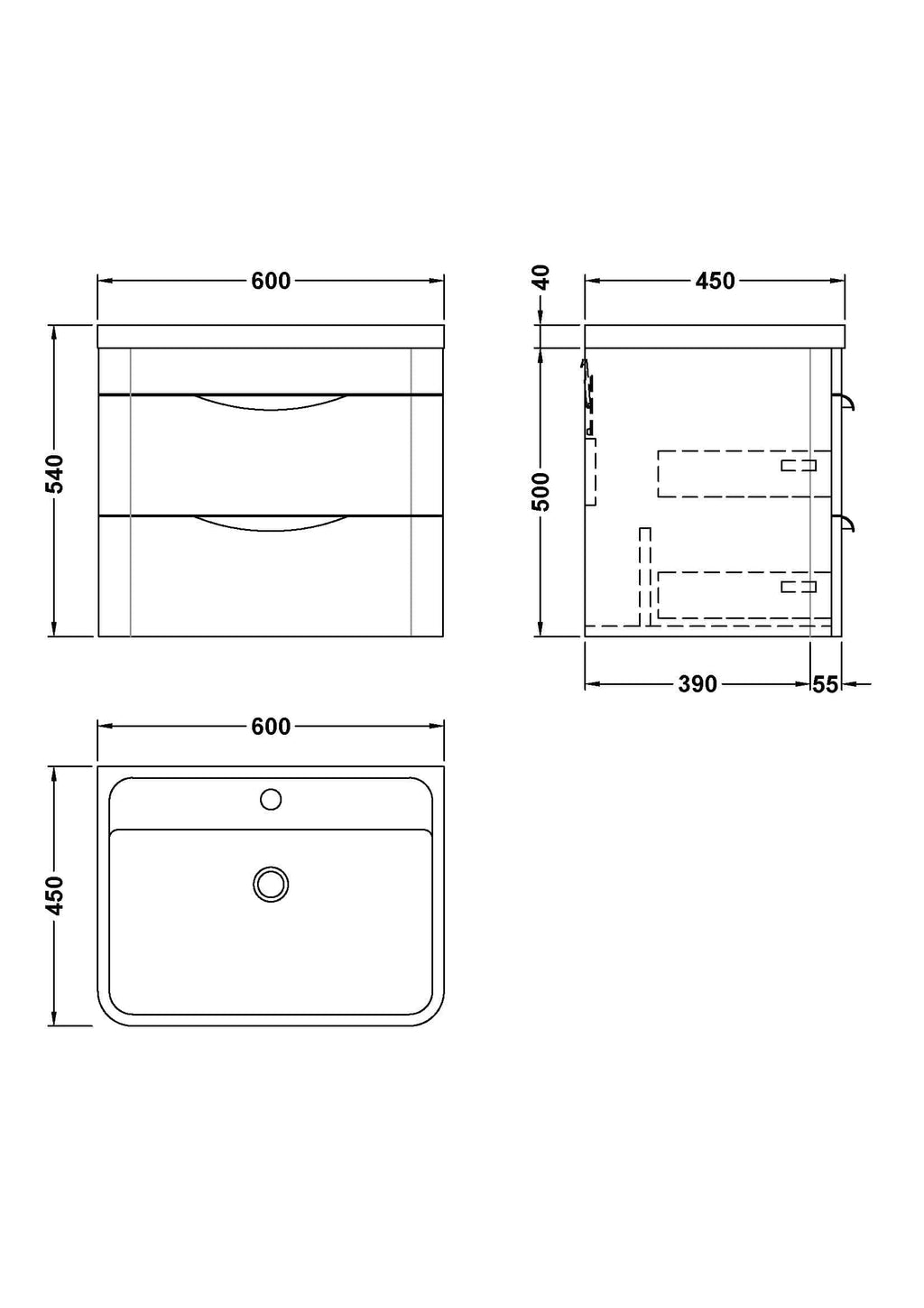 Sleek modern bathroom vanity unit with two drawers, durable white finish, measuring 600mm wide and 540mm high, ideal for contemporary bathroom storage solutions.