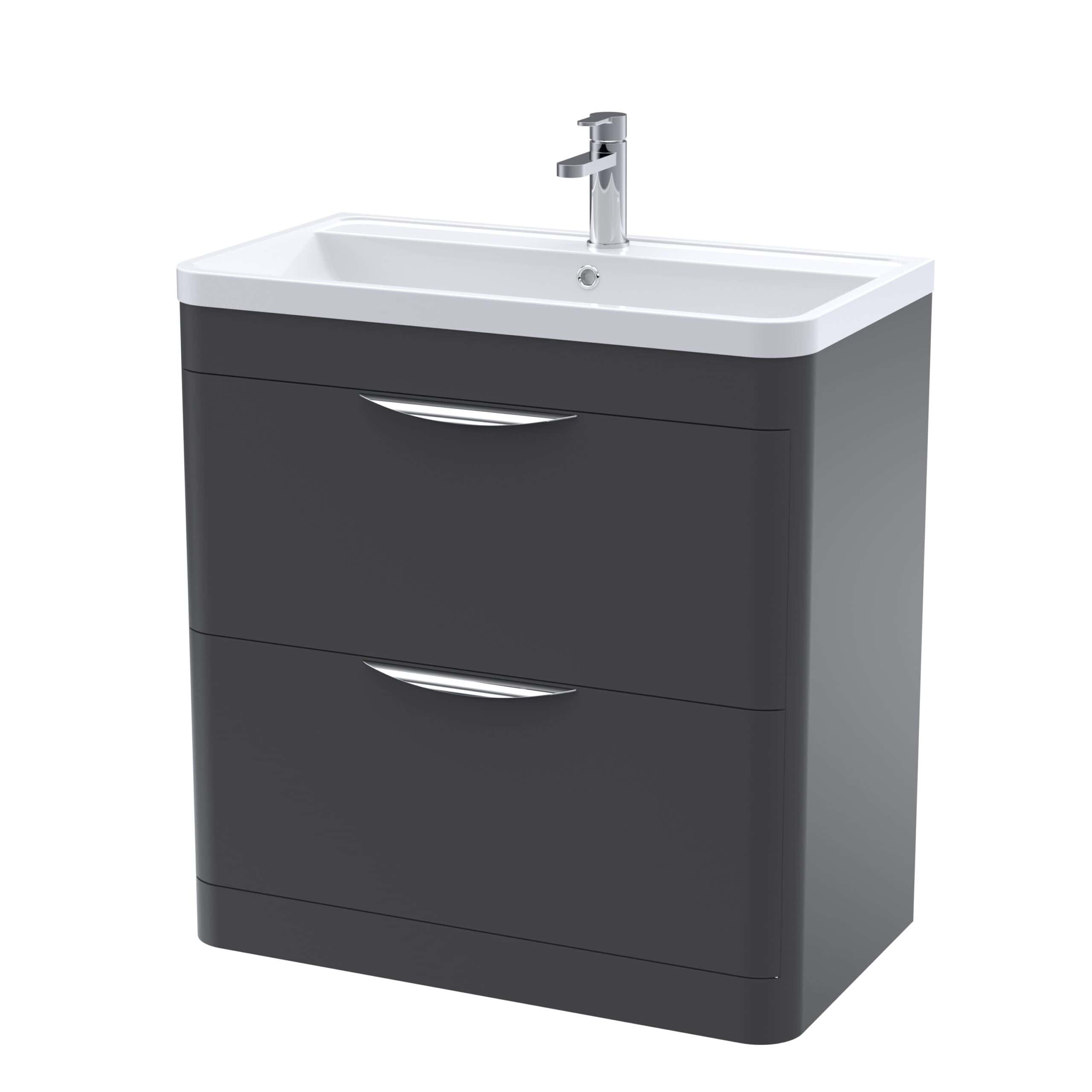 Modern bathroom vanity with a sleek grey finish, integrated sink, and chrome handle drawers, perfect for stylish bathroom storage and organisation.