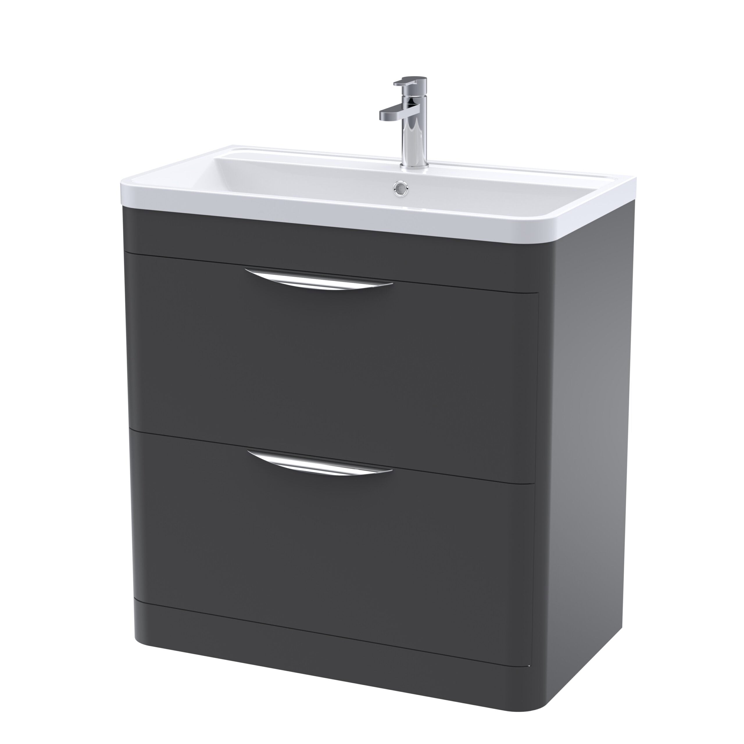 Sleek grey bathroom vanity with integrated sink and chrome handle storage drawers, perfect for modern bathroom interiors.