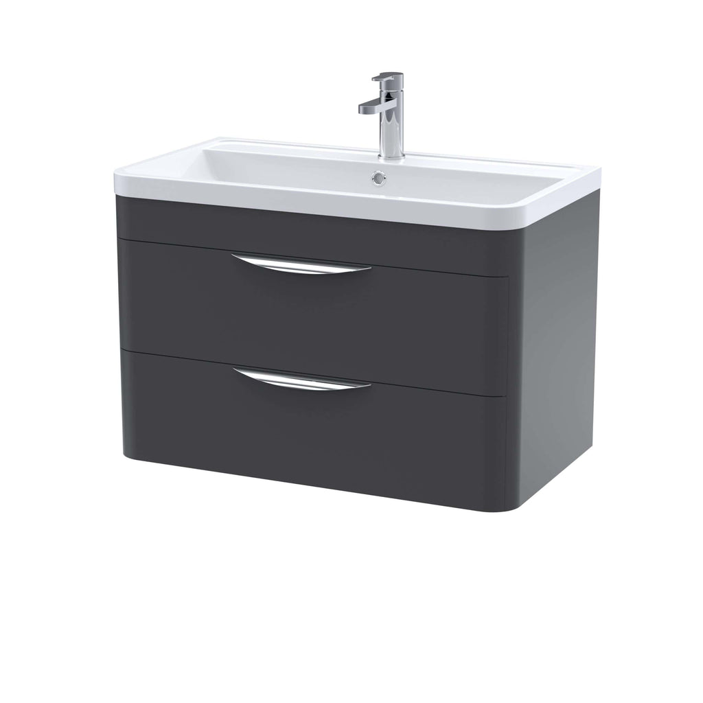 Modern grey bathroom vanity with integrated sink and chrome faucet. Perfect for contemporary bathroom designs and storage needs.