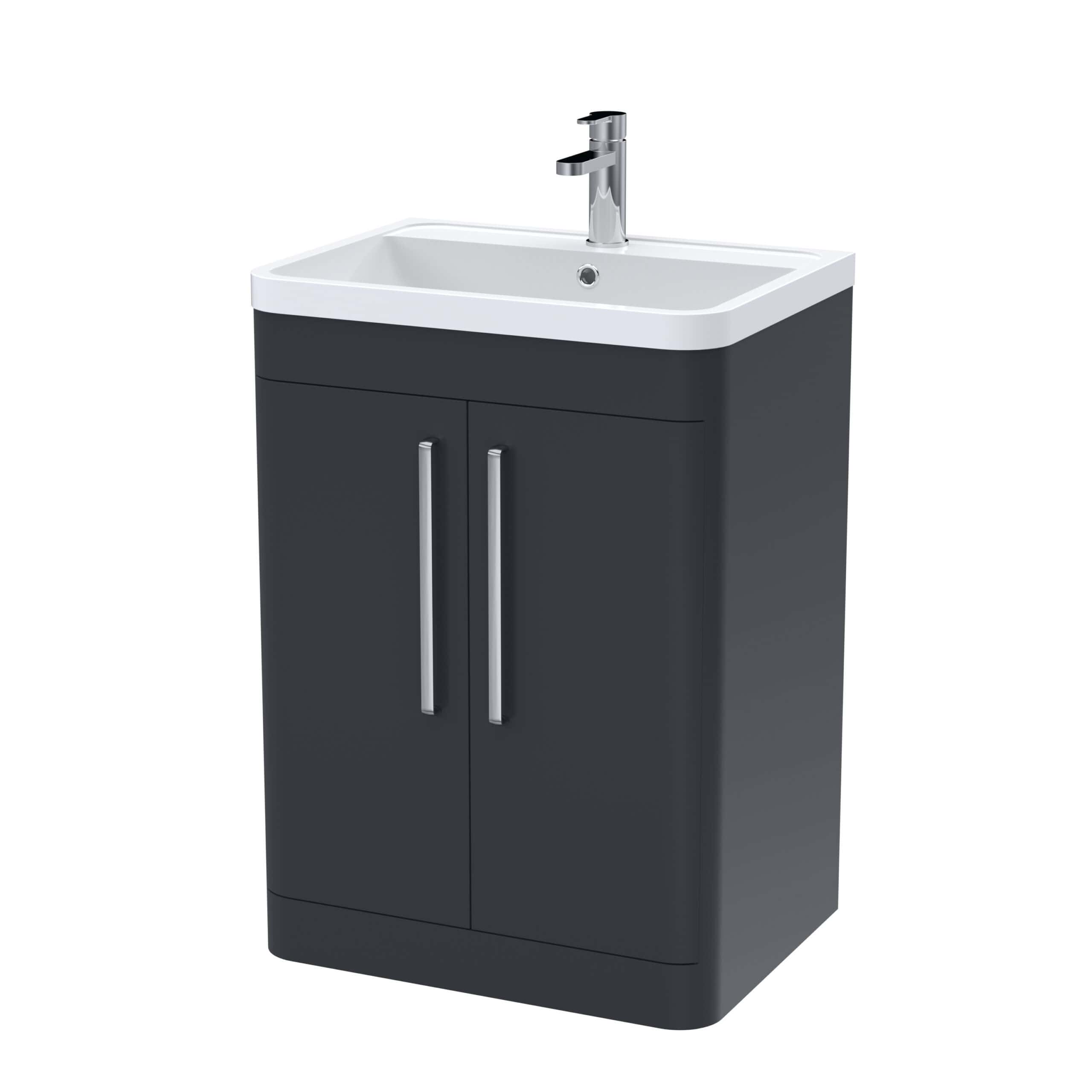 Modern bathroom vanity with integrated sink and chrome faucet, ideal for contemporary bathroom designs. Featuring sleek dark grey cabinetry with two handles for storage and durability.