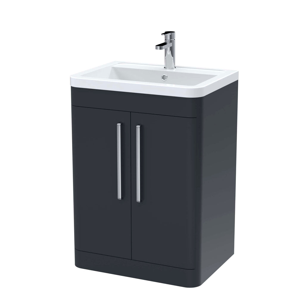 Modern bathroom vanity with black cabinet and white sink, featuring a chrome faucet and dual cabinet doors. Ideal for contemporary bathroom upgrades and storage solutions.