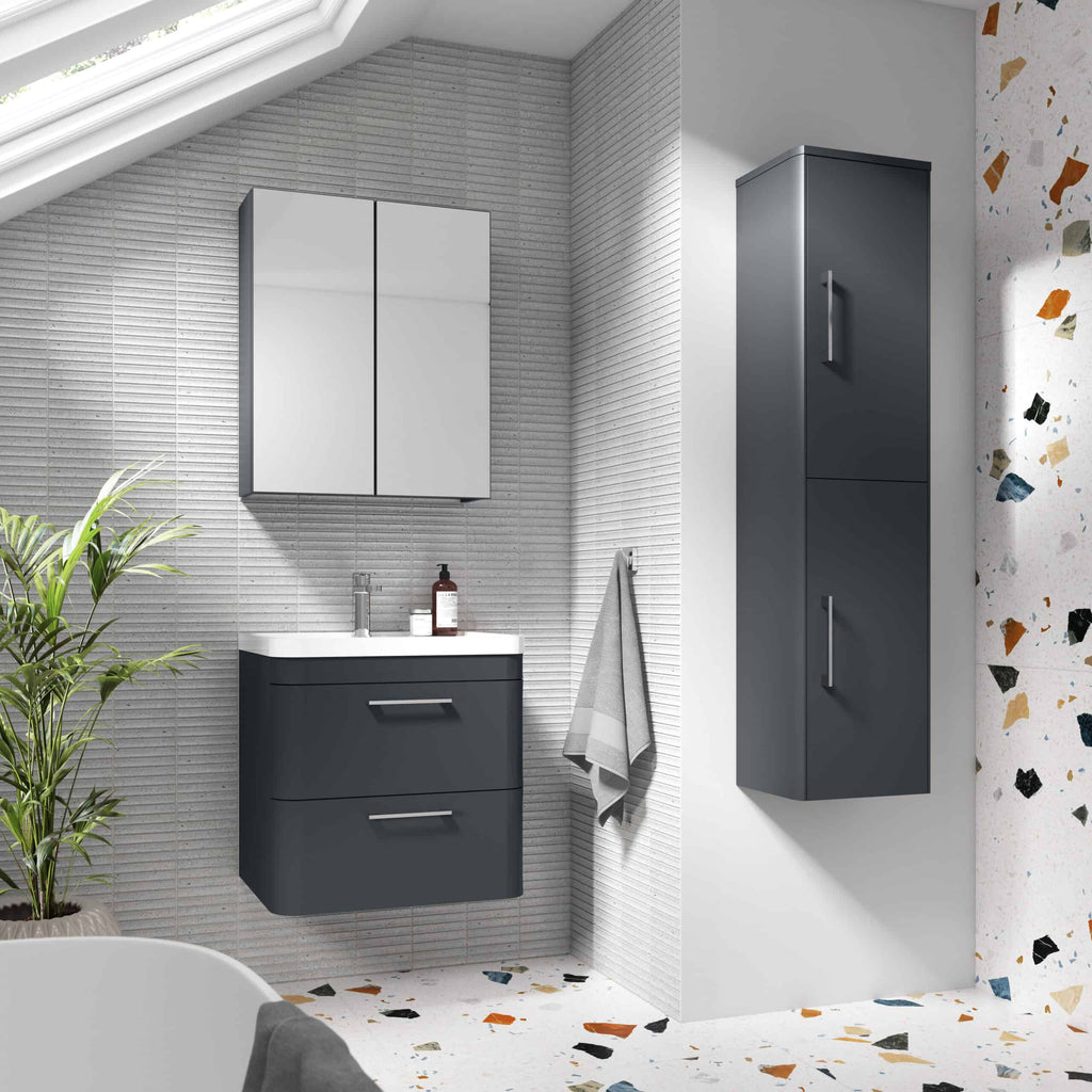 Modern grey bathroom vanity with mirror cabinet and tall storage unit, in a contemporary design with terrazzo flooring and textured wall tiles, perfect for stylish bathroom organisation.