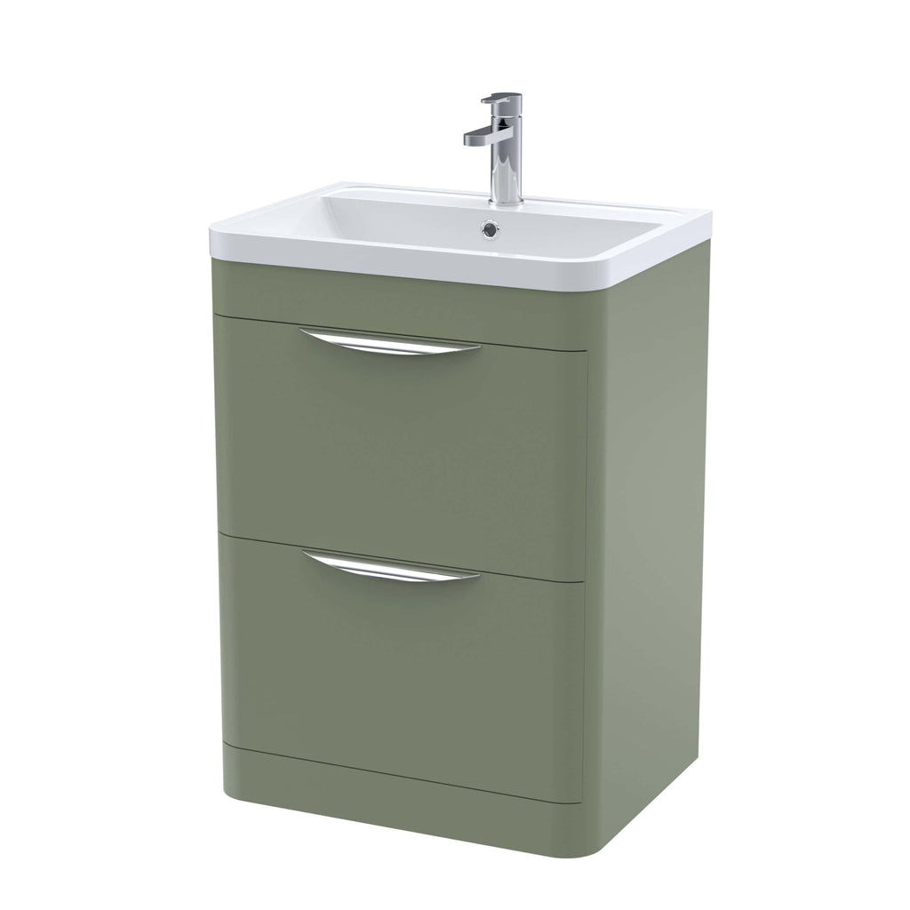 Modern green bathroom vanity with integrated sink and chrome tap, ideal for contemporary bathroom interiors. Durable cabinetry with sleek handles offers practical storage solutions.