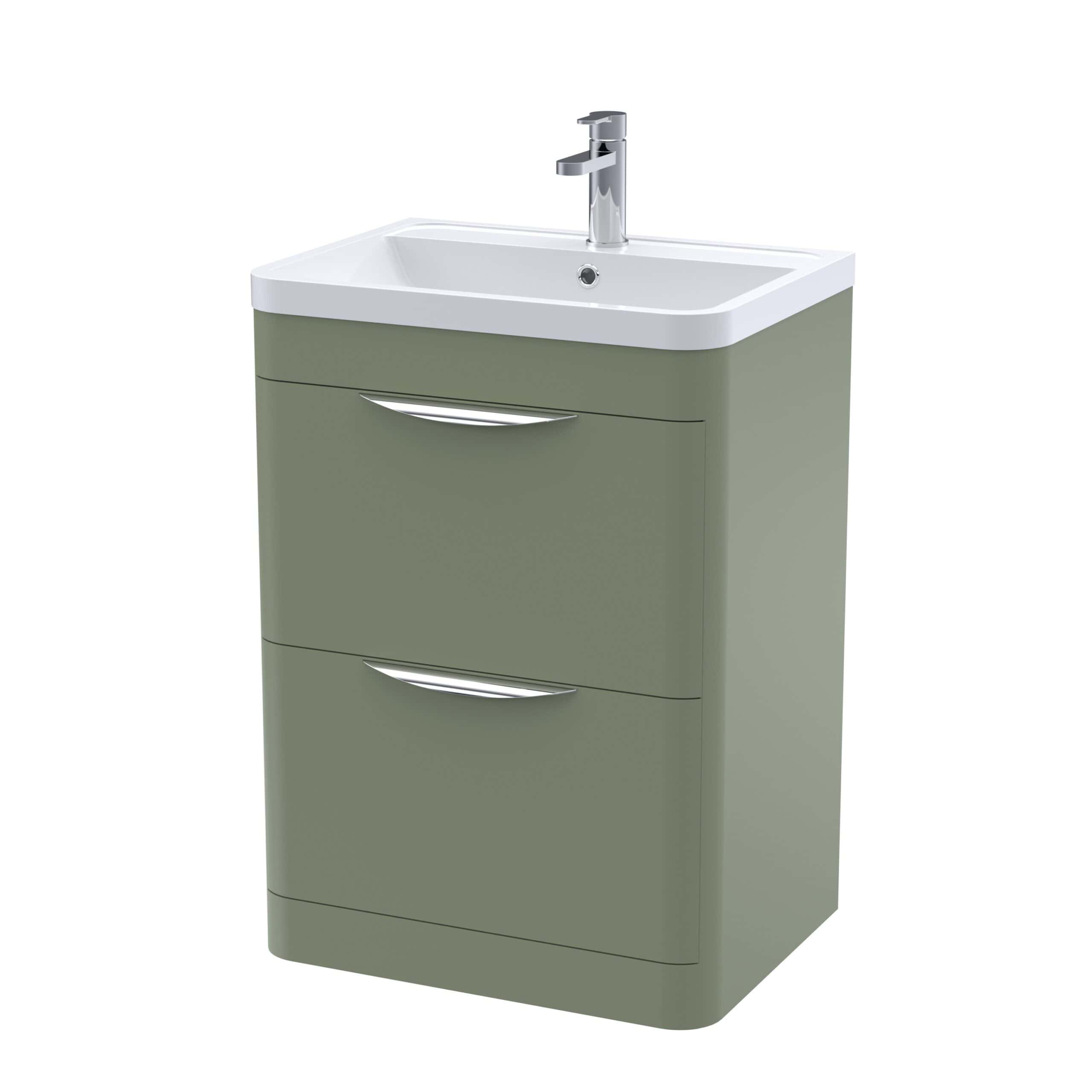 Modern green bathroom vanity with integrated sink and chrome tap, ideal for contemporary bathroom interiors. Durable cabinetry with sleek handles offers practical storage solutions.