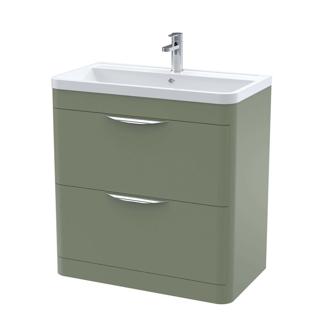Modern green bathroom vanity unit with integrated sink and chrome handles for stylish bathroom storage and organisation. Perfect for contemporary interior design.