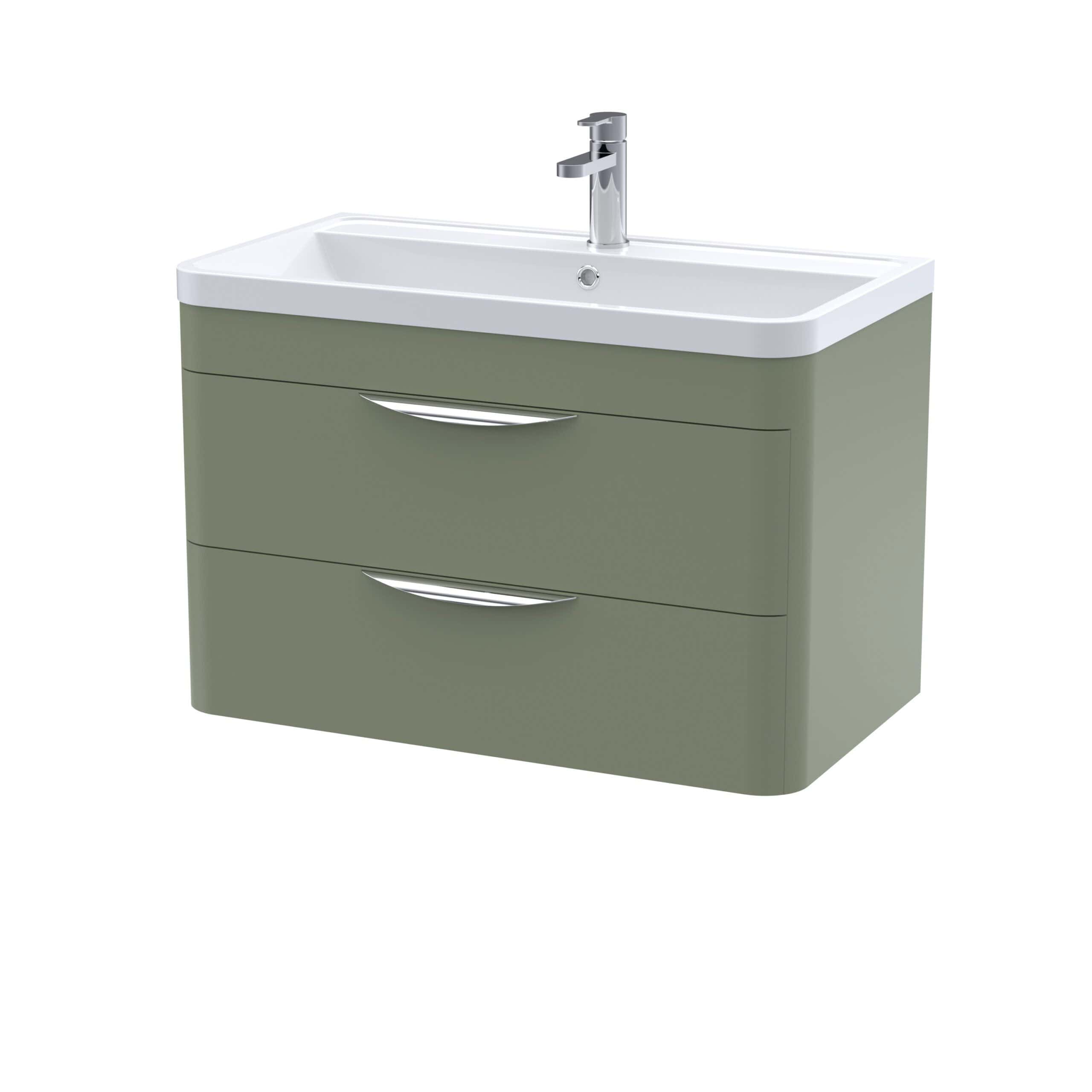 Contemporary bathroom vanity unit with integrated sink and modern chrome handles in a stylish matte olive green finish. Perfect for sleek bathroom storage and design.