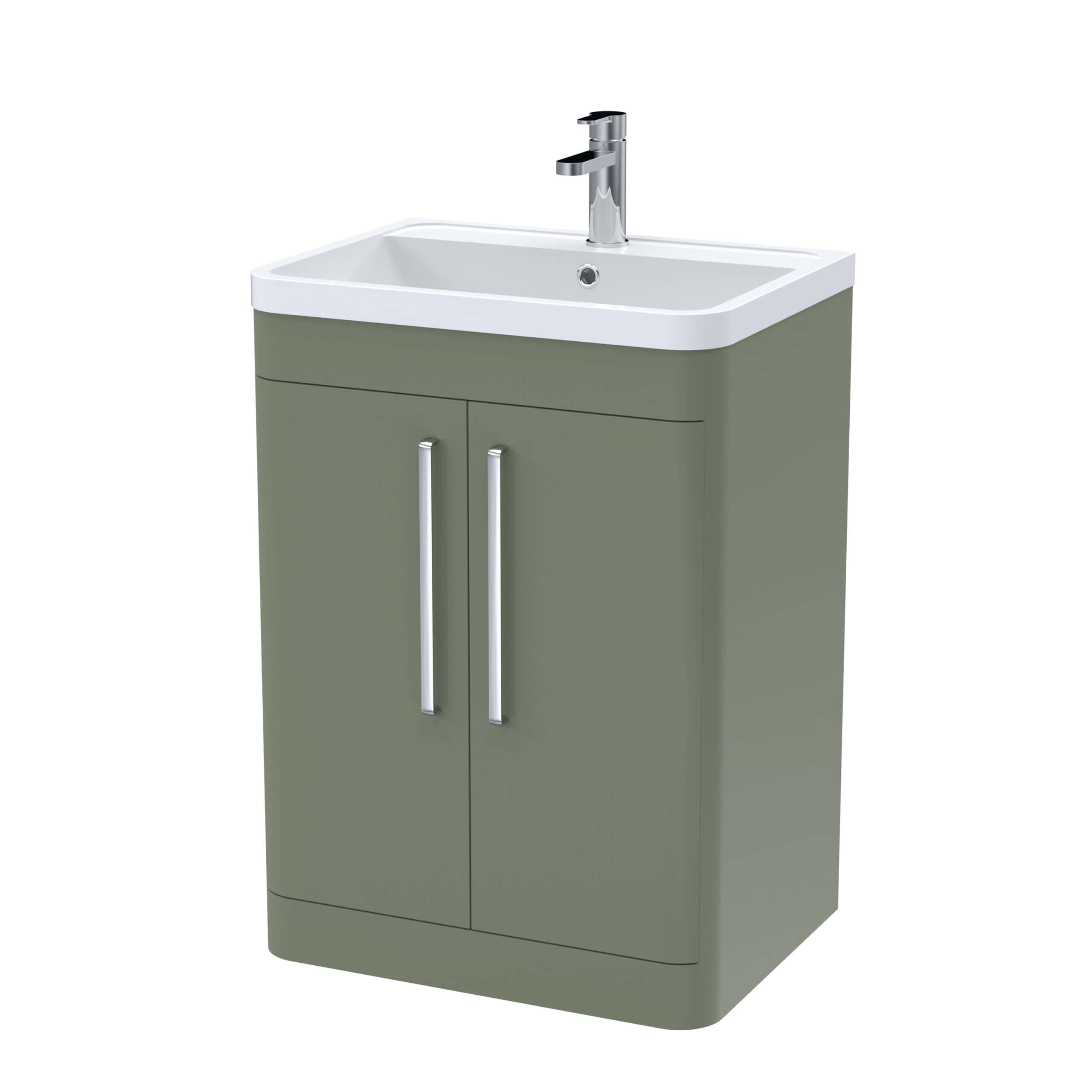 Modern bathroom vanity with a white ceramic sink and green MDF cabinet featuring silver handles, ideal for contemporary bathroom designs.